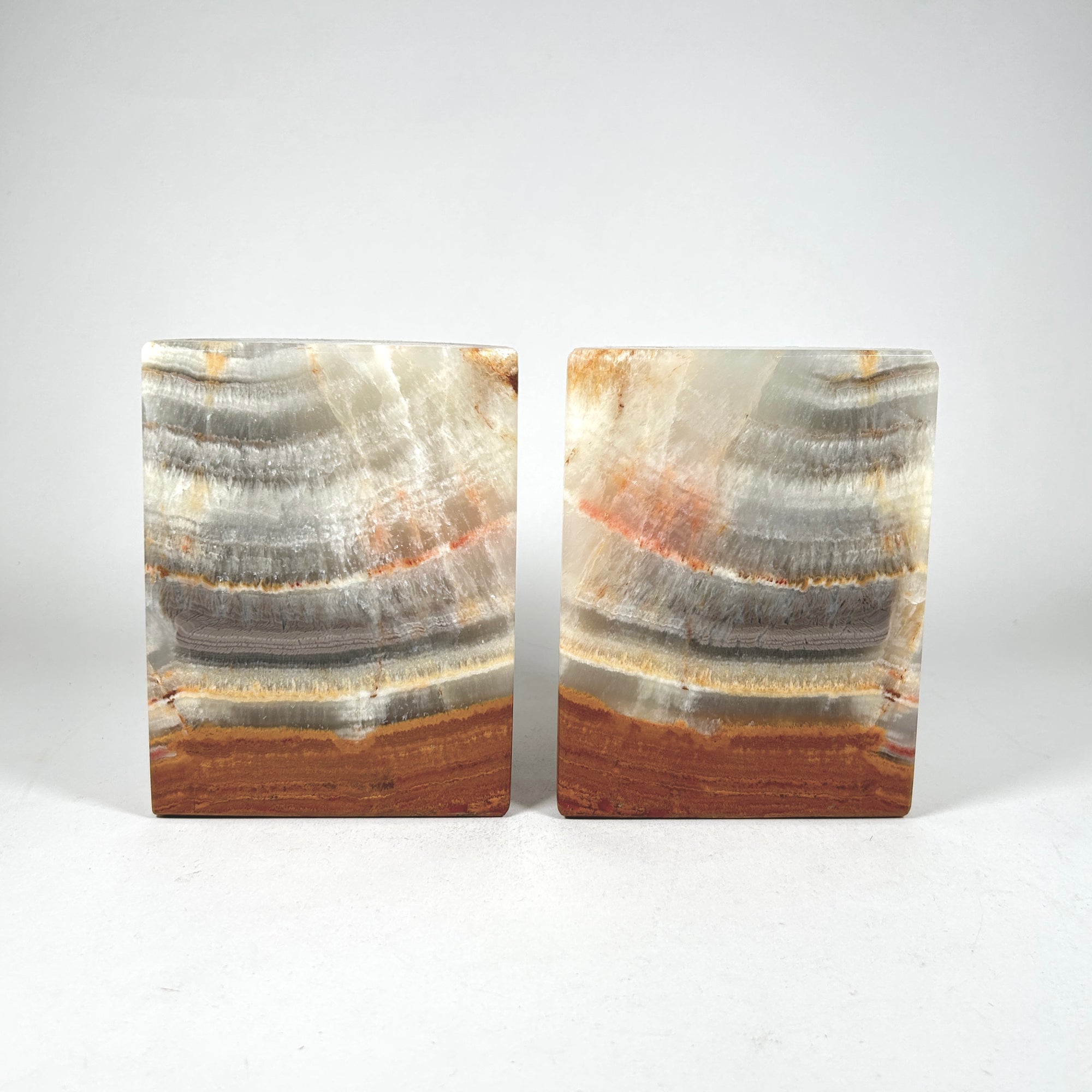 Banded Red Onyx Bookends, Half Moon Architectural Form