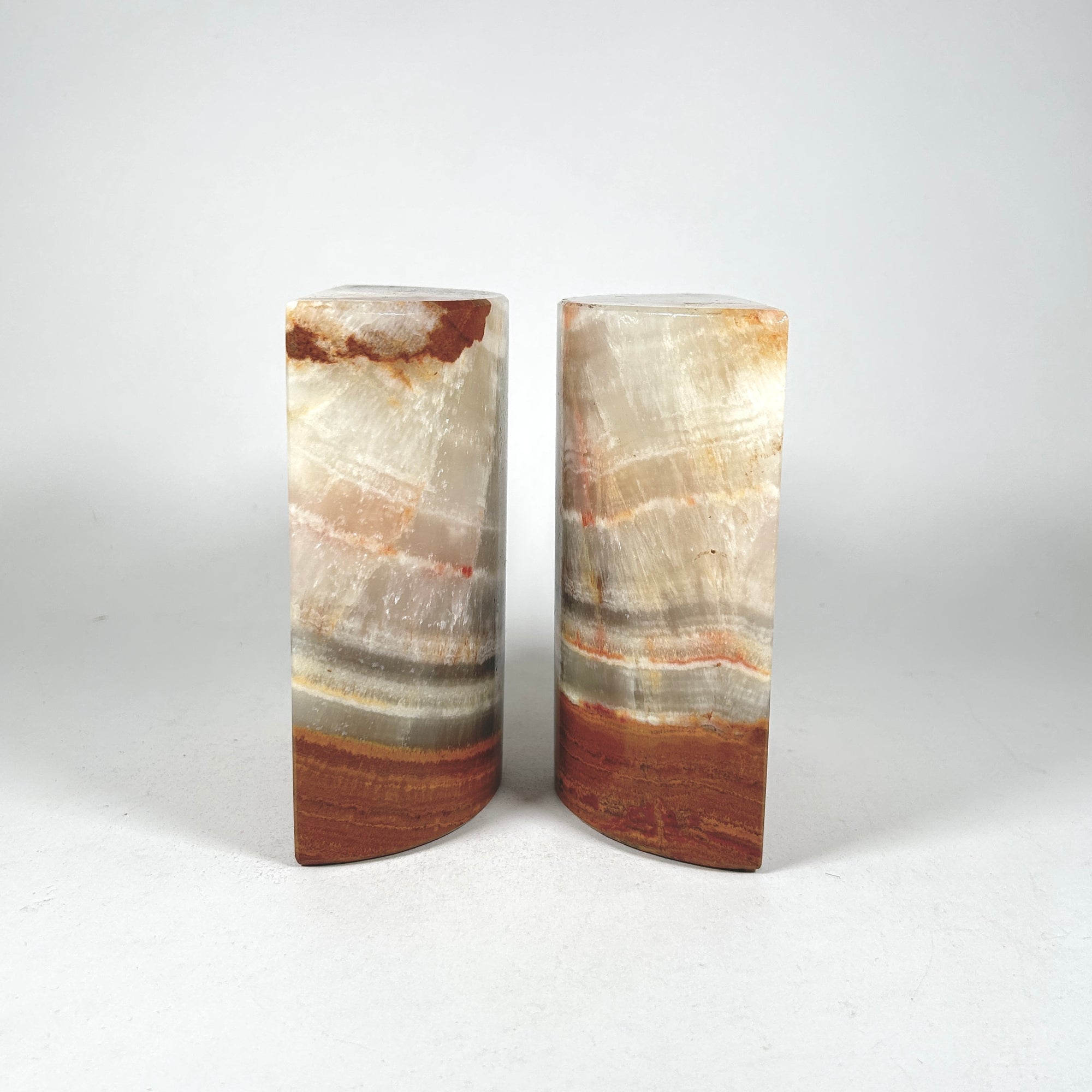 Banded Red Onyx Bookends, Half Moon Architectural Form