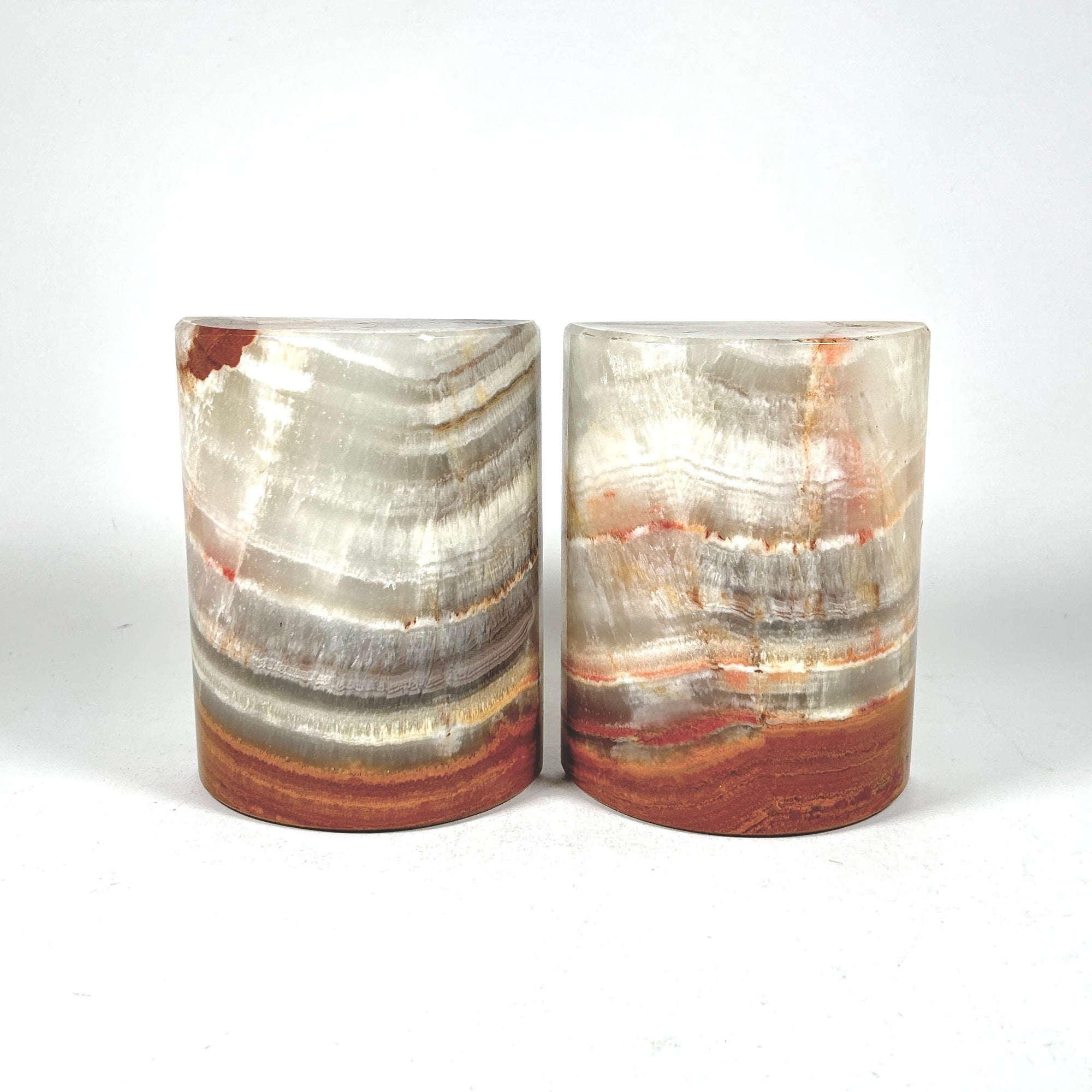 Banded Red Onyx Bookends, Half Moon Architectural Form