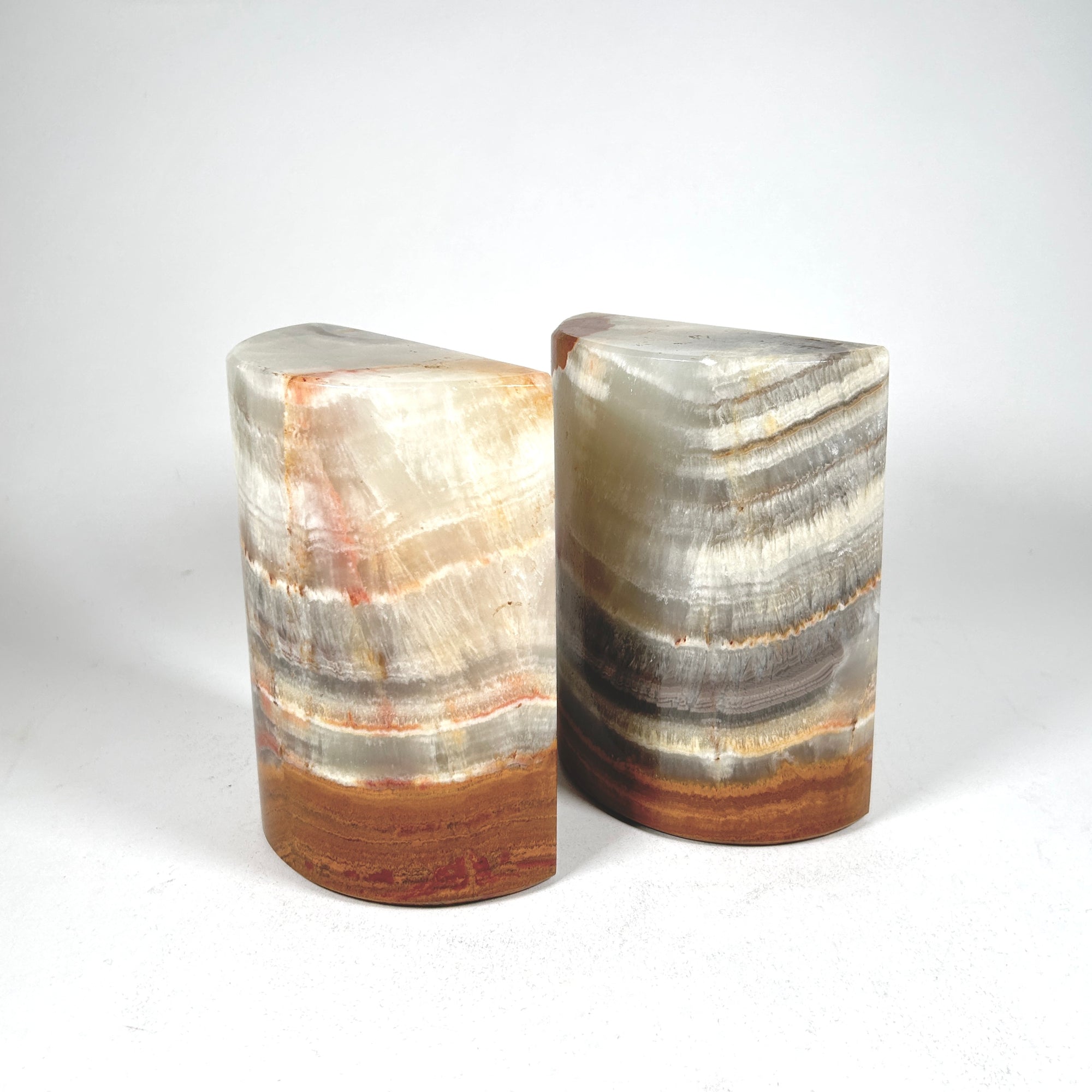 Banded Red Onyx Bookends, Half Moon Architectural Form
