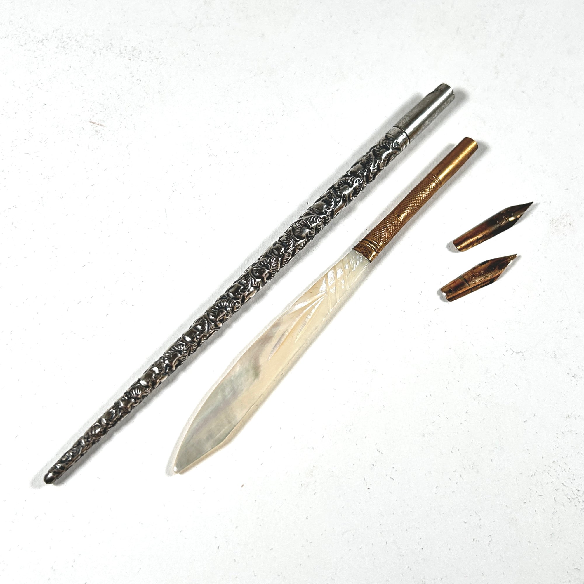 Sterling Silver Repousse and Mother of Pearl Dip Pen