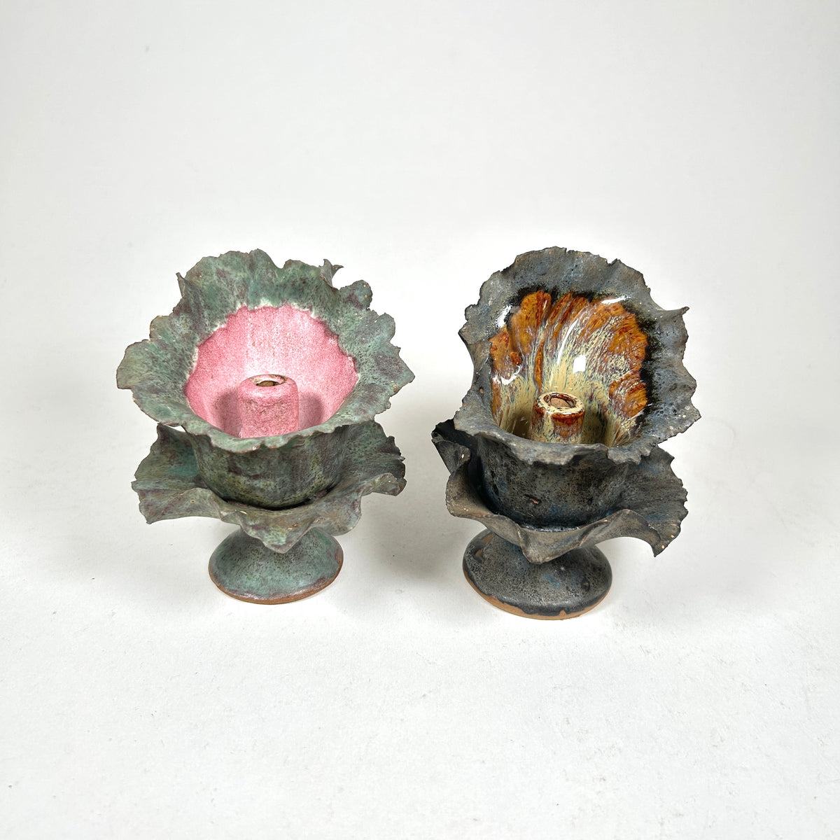 Raku Ceramic Orchid Candlesticks with Ruffle Edge, Set of Two