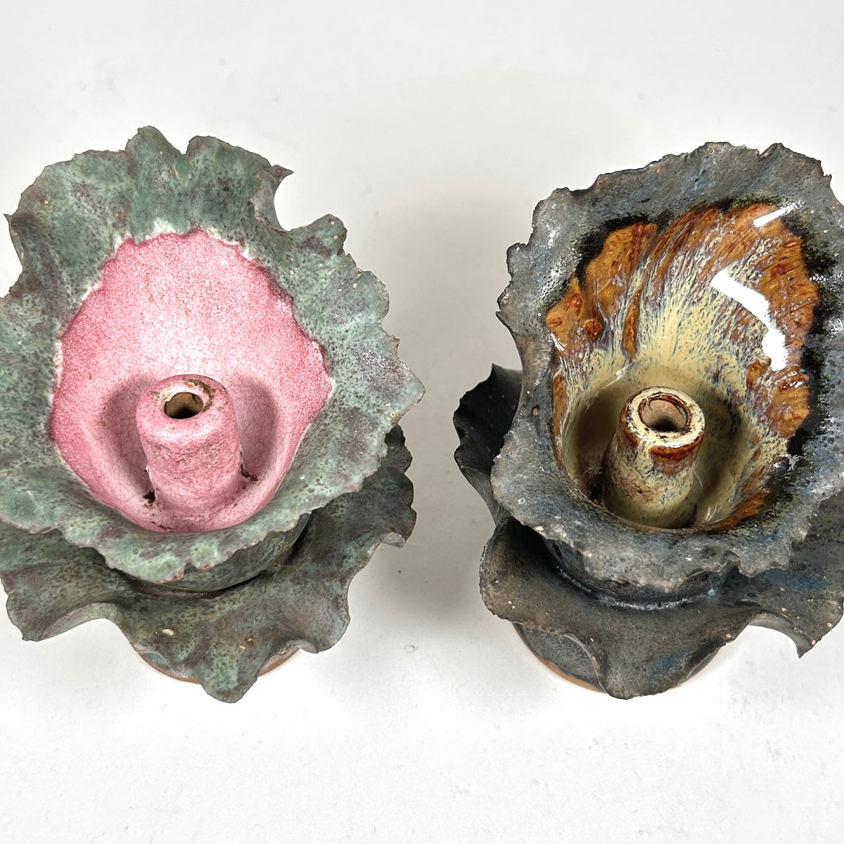 Raku Ceramic Orchid Candlesticks with Ruffle Edge, Set of Two