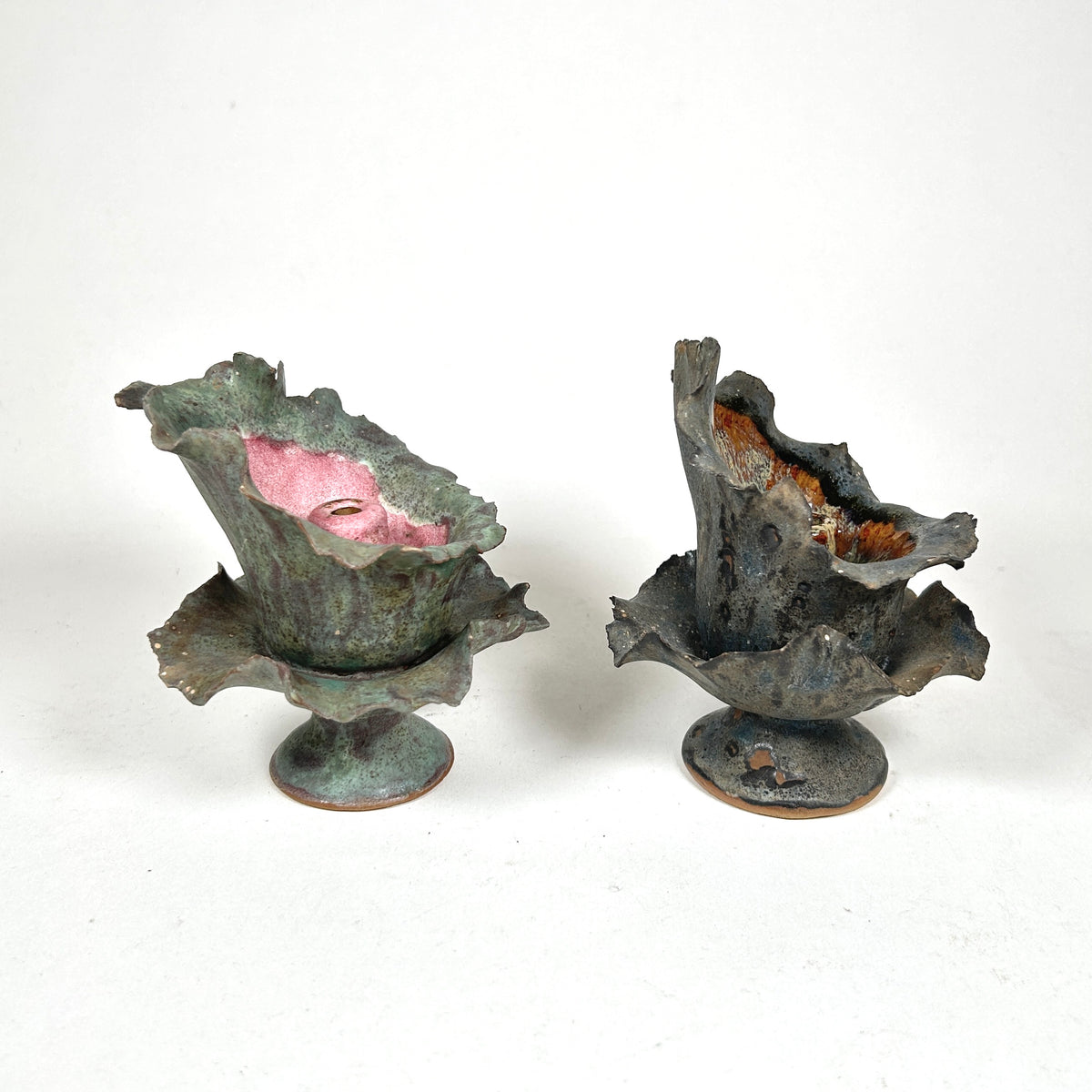 Raku Ceramic Orchid Candlesticks with Ruffle Edge, Set of Two