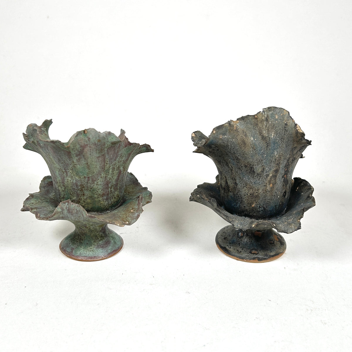 Raku Ceramic Orchid Candlesticks with Ruffle Edge, Set of Two