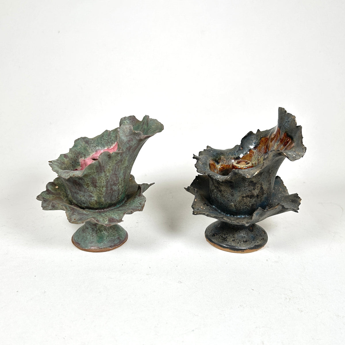 Raku Ceramic Orchid Candlesticks with Ruffle Edge, Set of Two