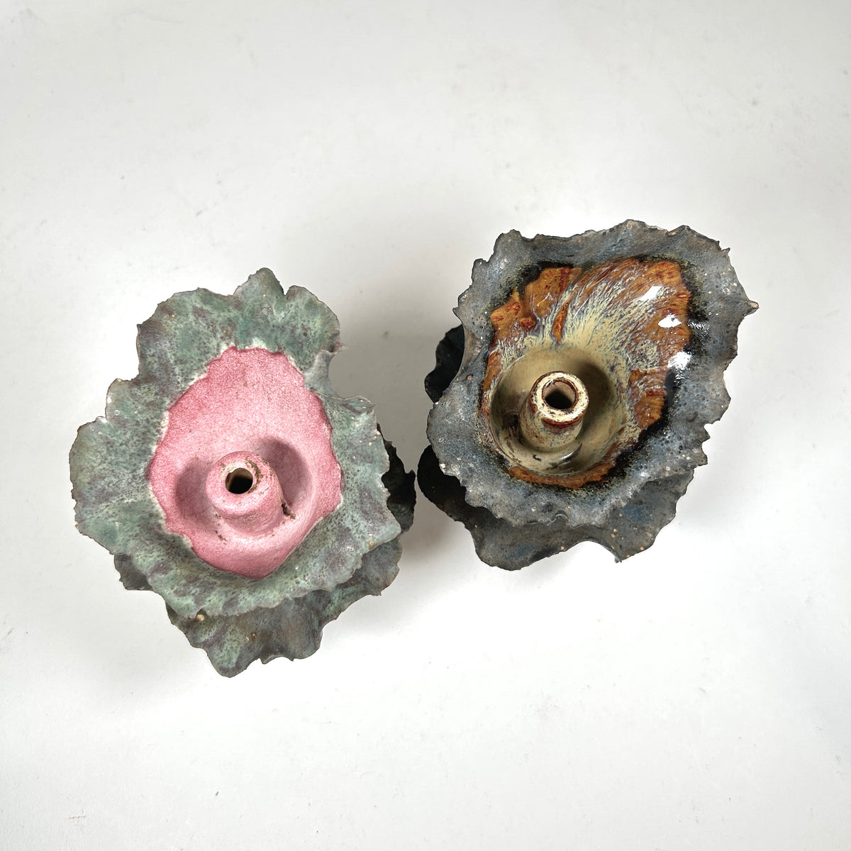Raku Ceramic Orchid Candlesticks with Ruffle Edge, Set of Two
