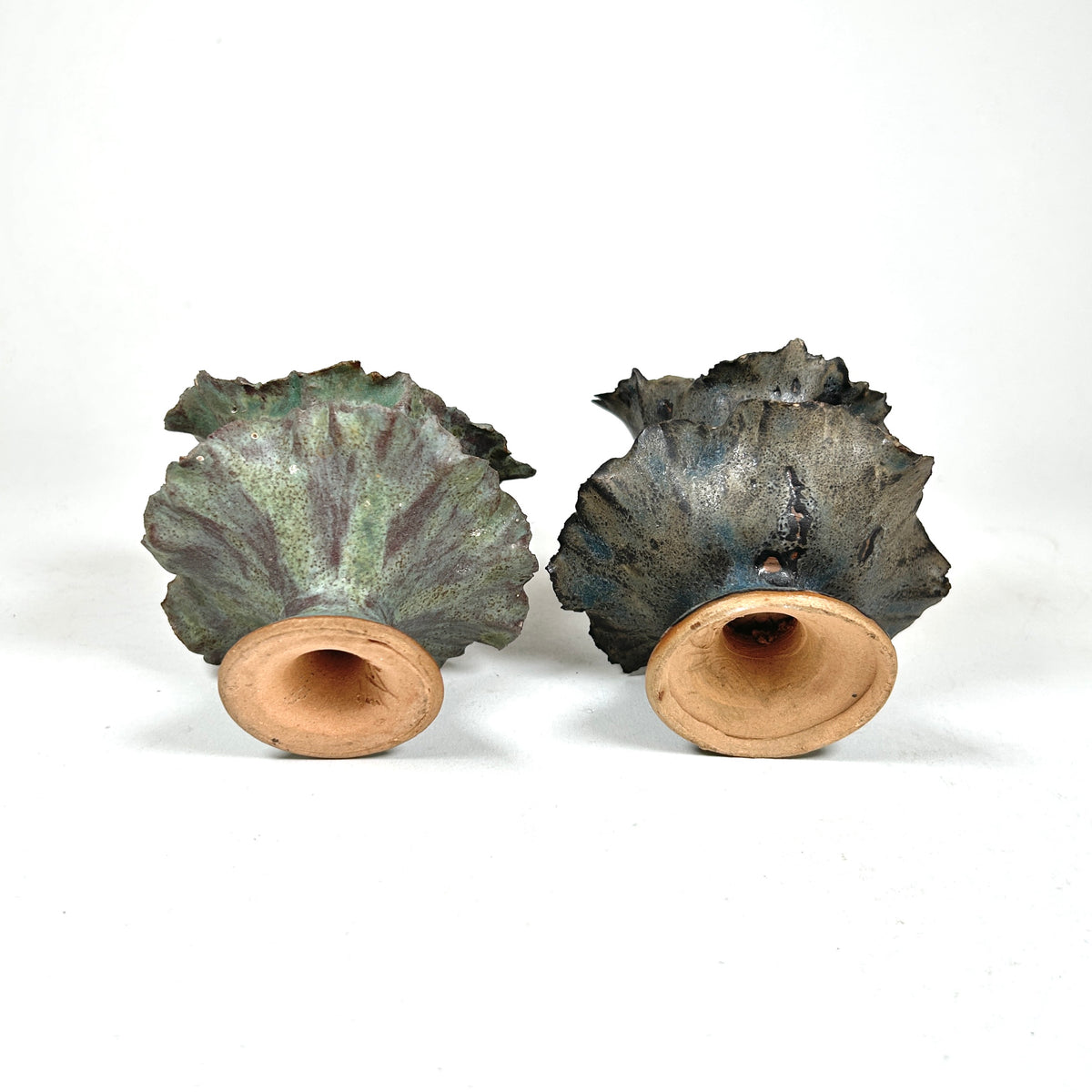 Raku Ceramic Orchid Candlesticks with Ruffle Edge, Set of Two
