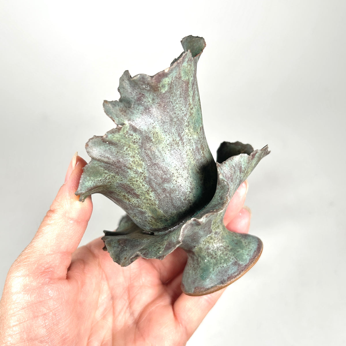Raku Ceramic Orchid Candlesticks with Ruffle Edge, Set of Two