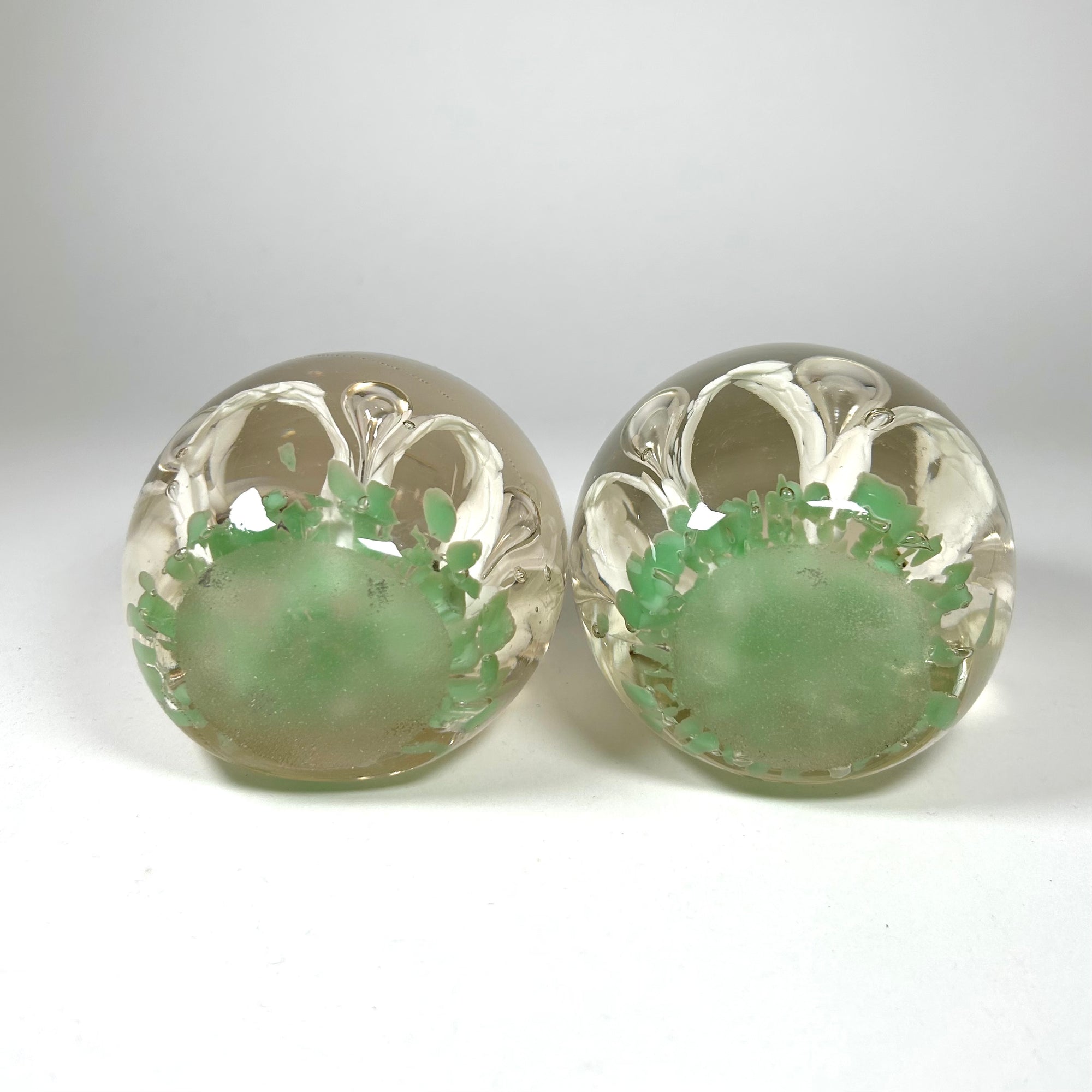 Vintage Blown Glass Abstract Flower Bookends White and Green