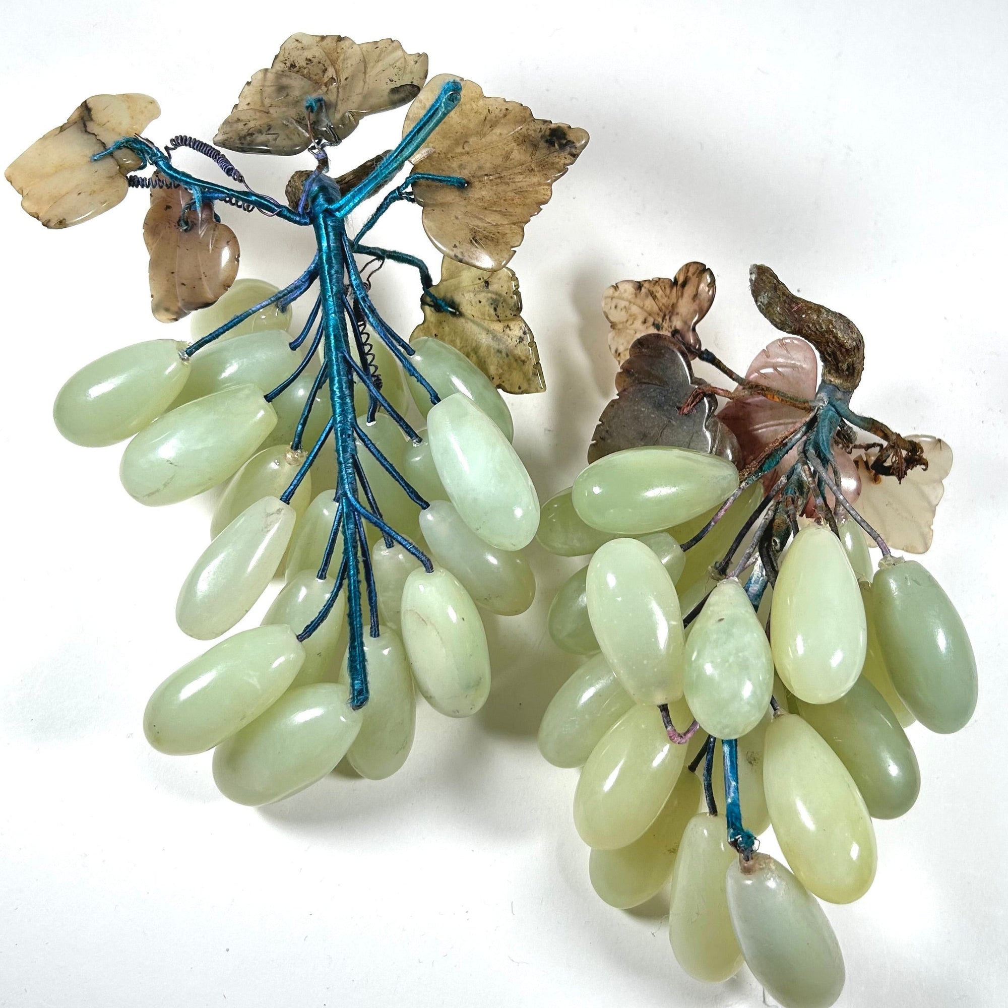 Vintage Asian Jade Grape Bunches with Leaves - Realistic Faux Fruit