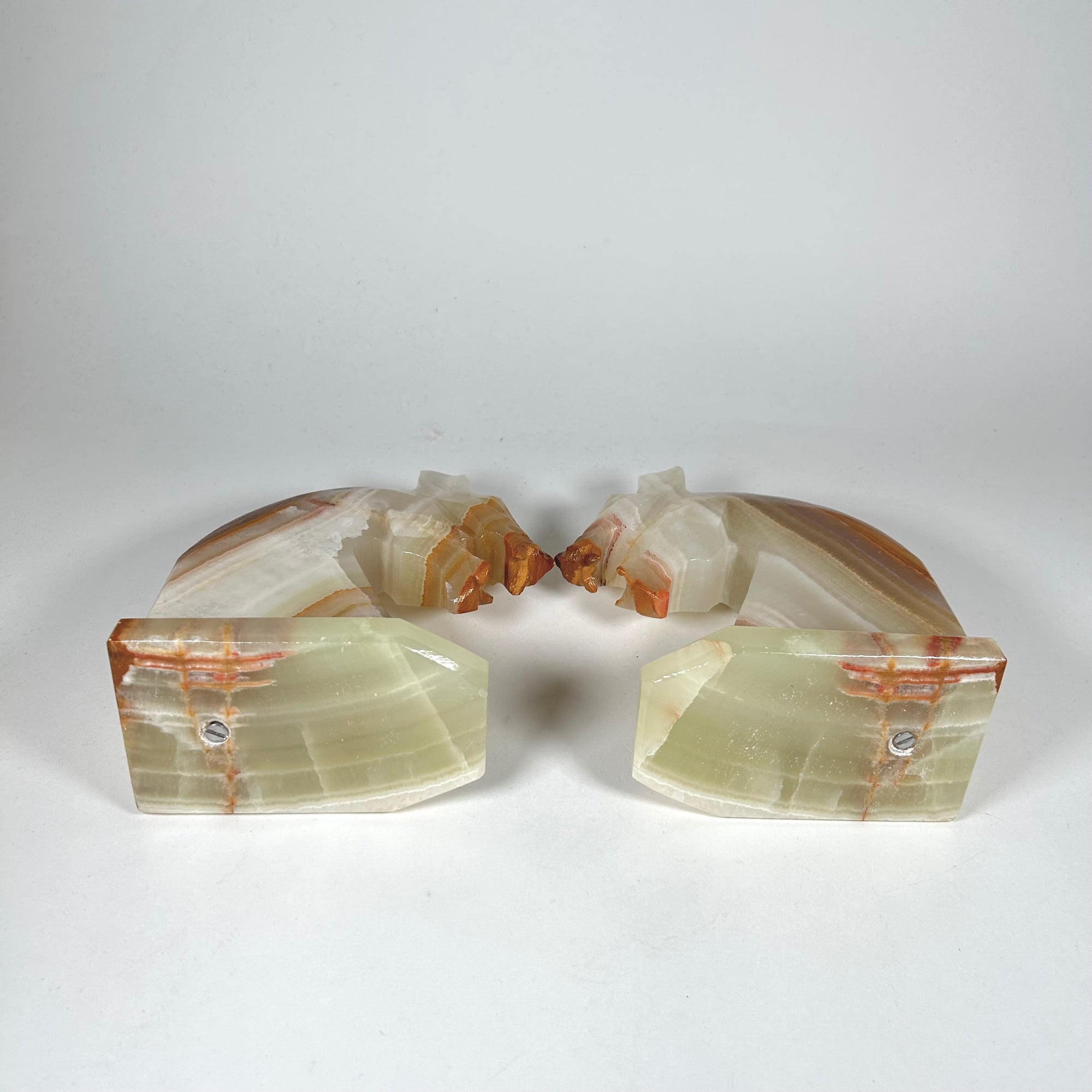 Mid-Century Onyx Cougar Head Bookends - Brown and White Stripes