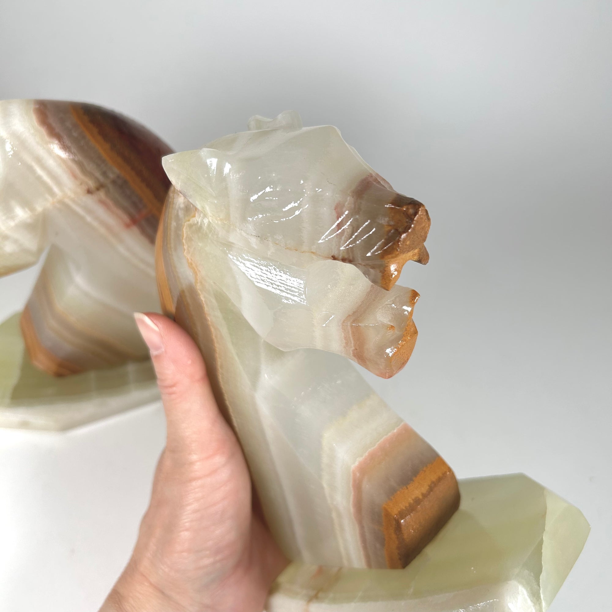 Mid-Century Onyx Cougar Head Bookends - Brown and White Stripes