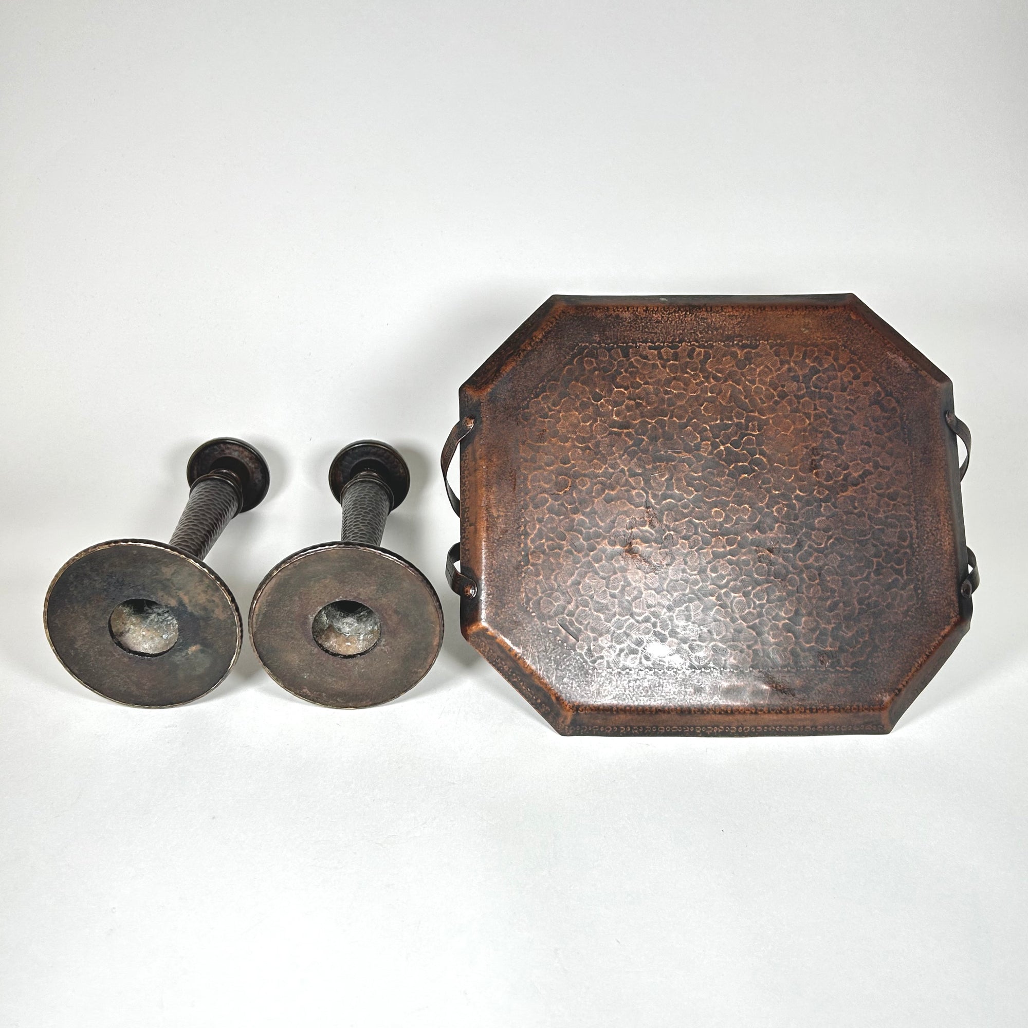 Arts and Crafts Octagonal Handled Tray and Candlestick Set with Antiqued Copper Finish