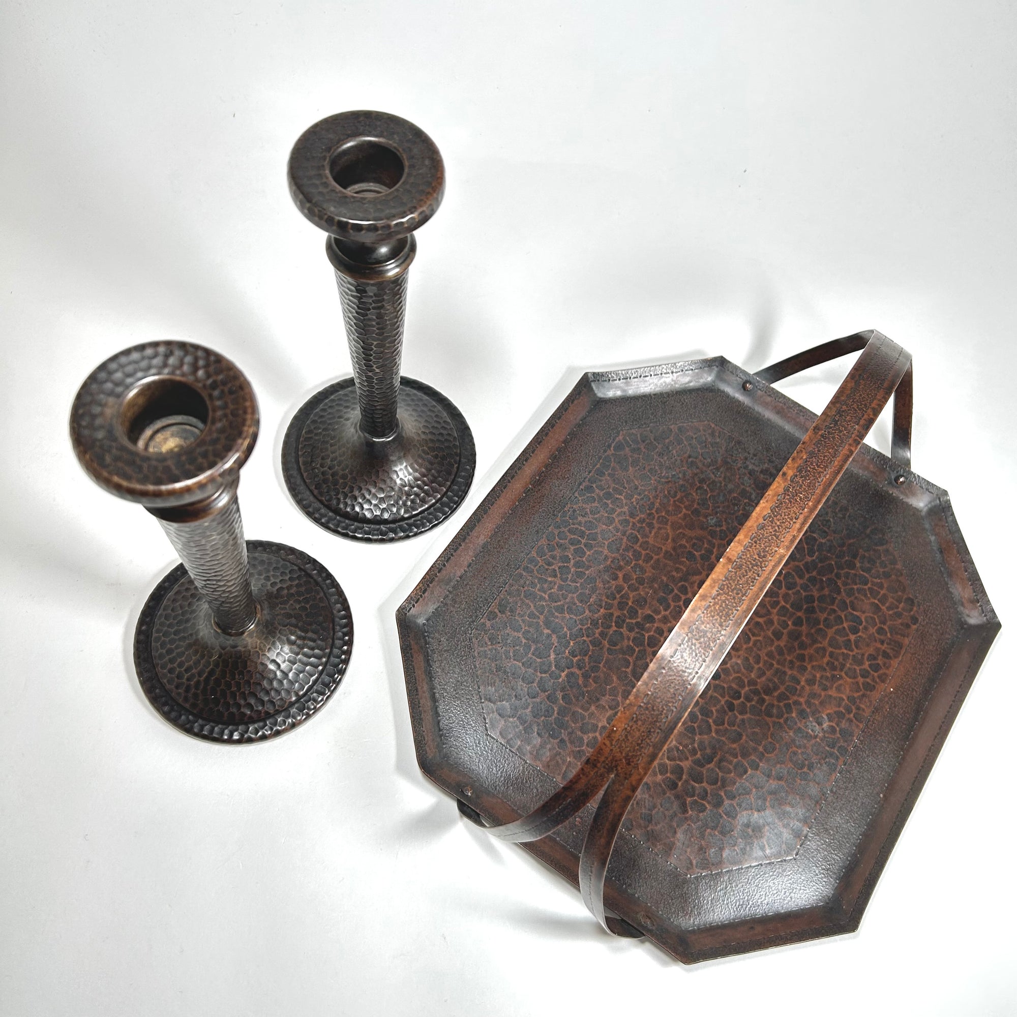 Arts and Crafts Octagonal Handled Tray and Candlestick Set with Antiqued Copper Finish