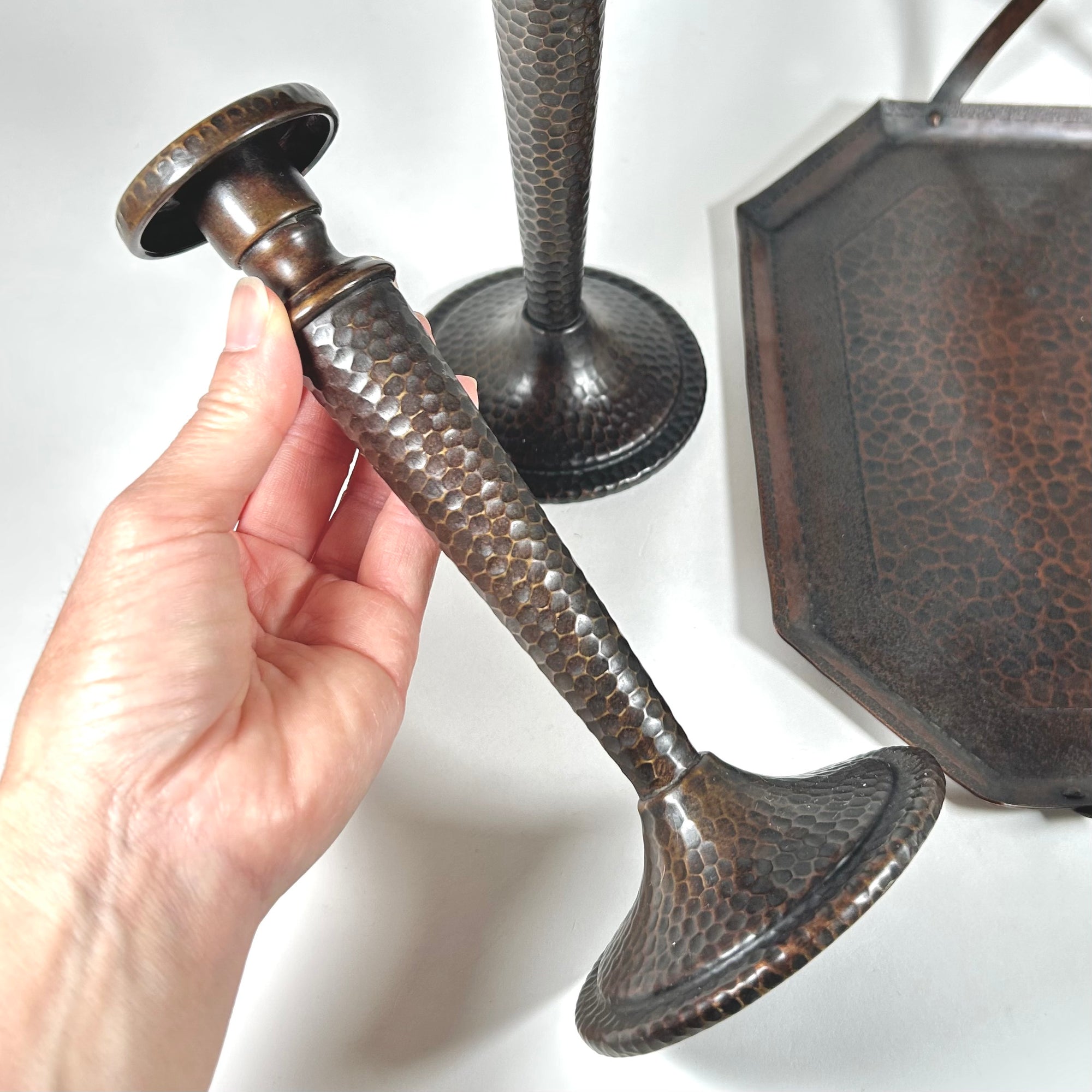 Arts and Crafts Octagonal Handled Tray and Candlestick Set with Antiqued Copper Finish