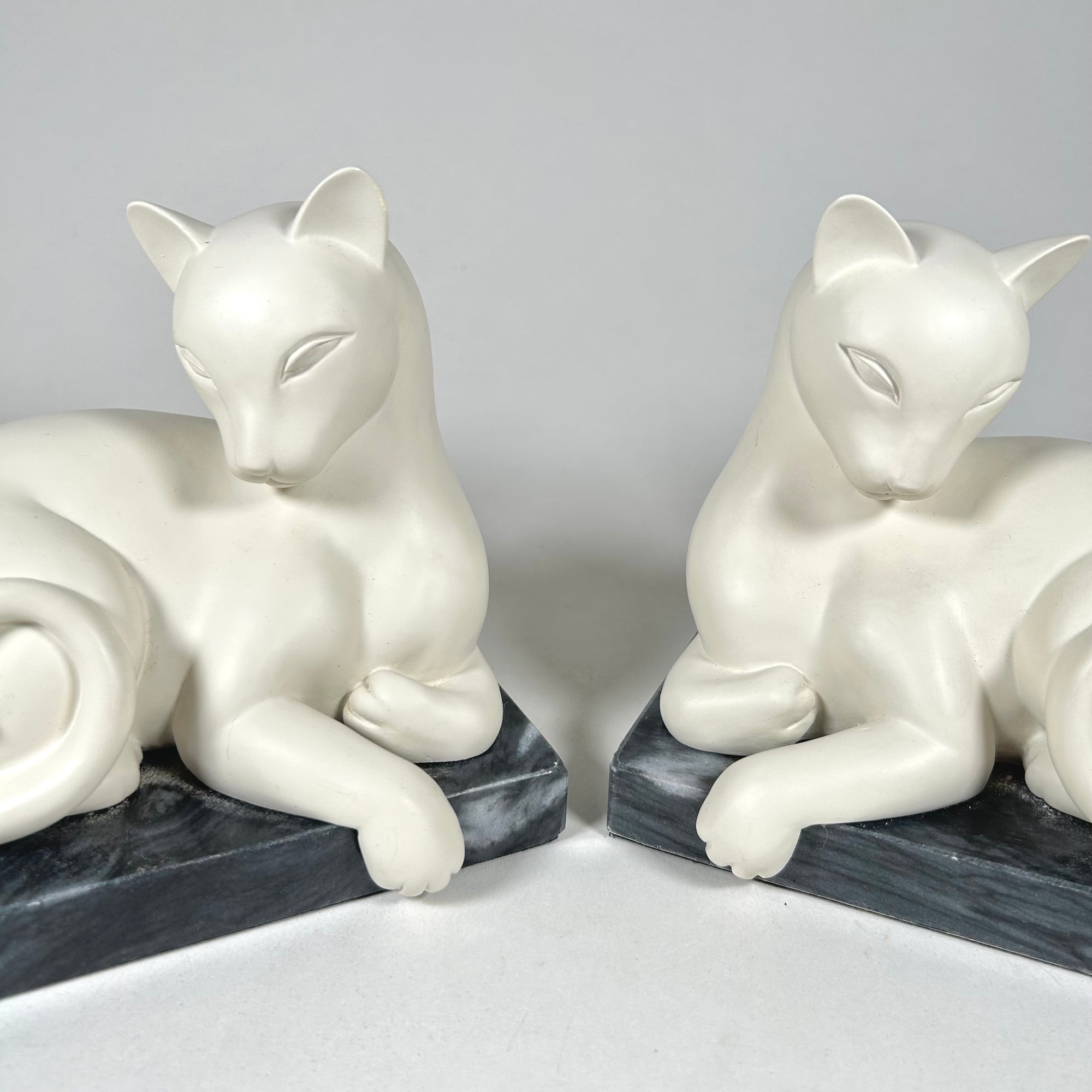 Siamese Cat Bookends in White Ceramic on Marble Base