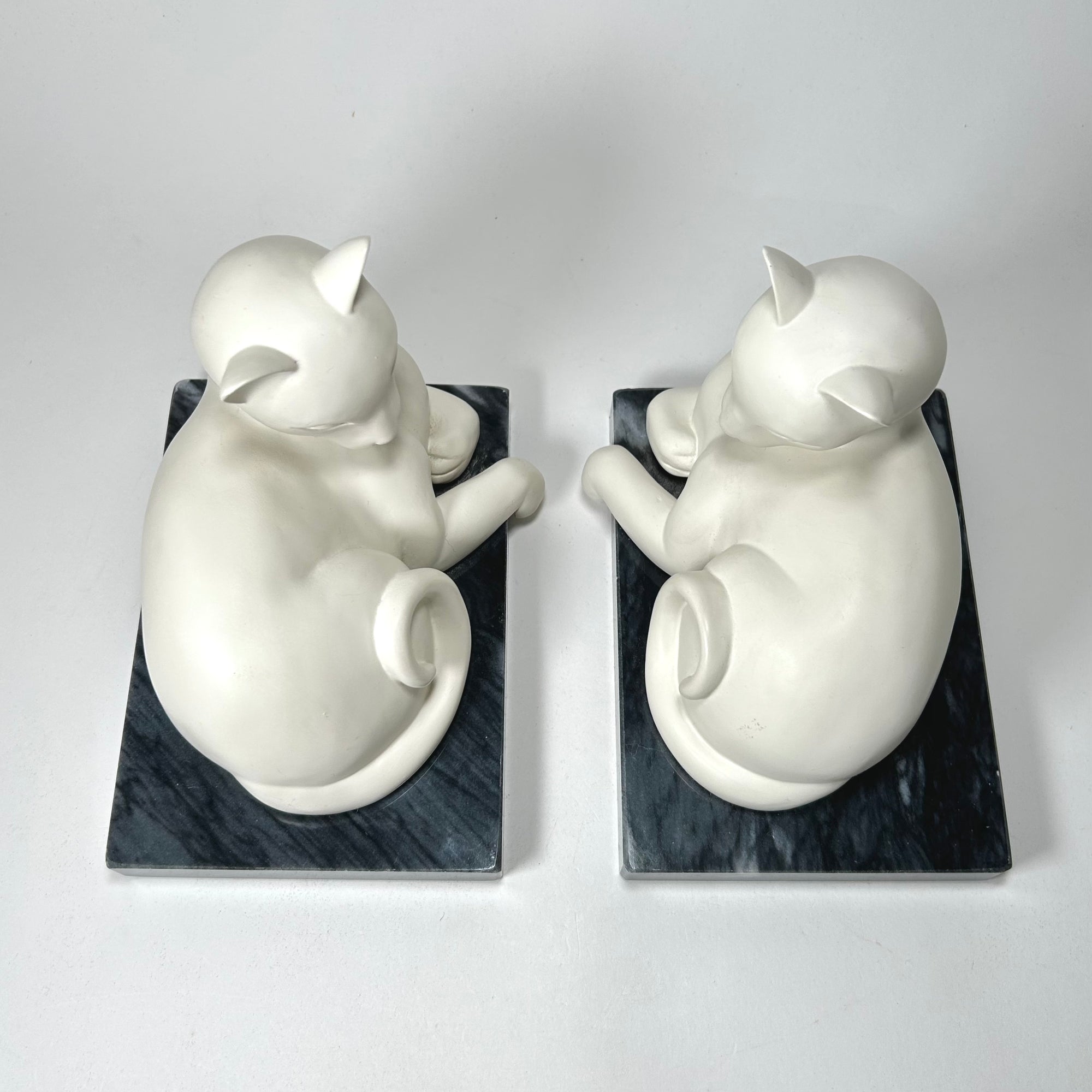 Siamese Cat Bookends in White Ceramic on Marble Base