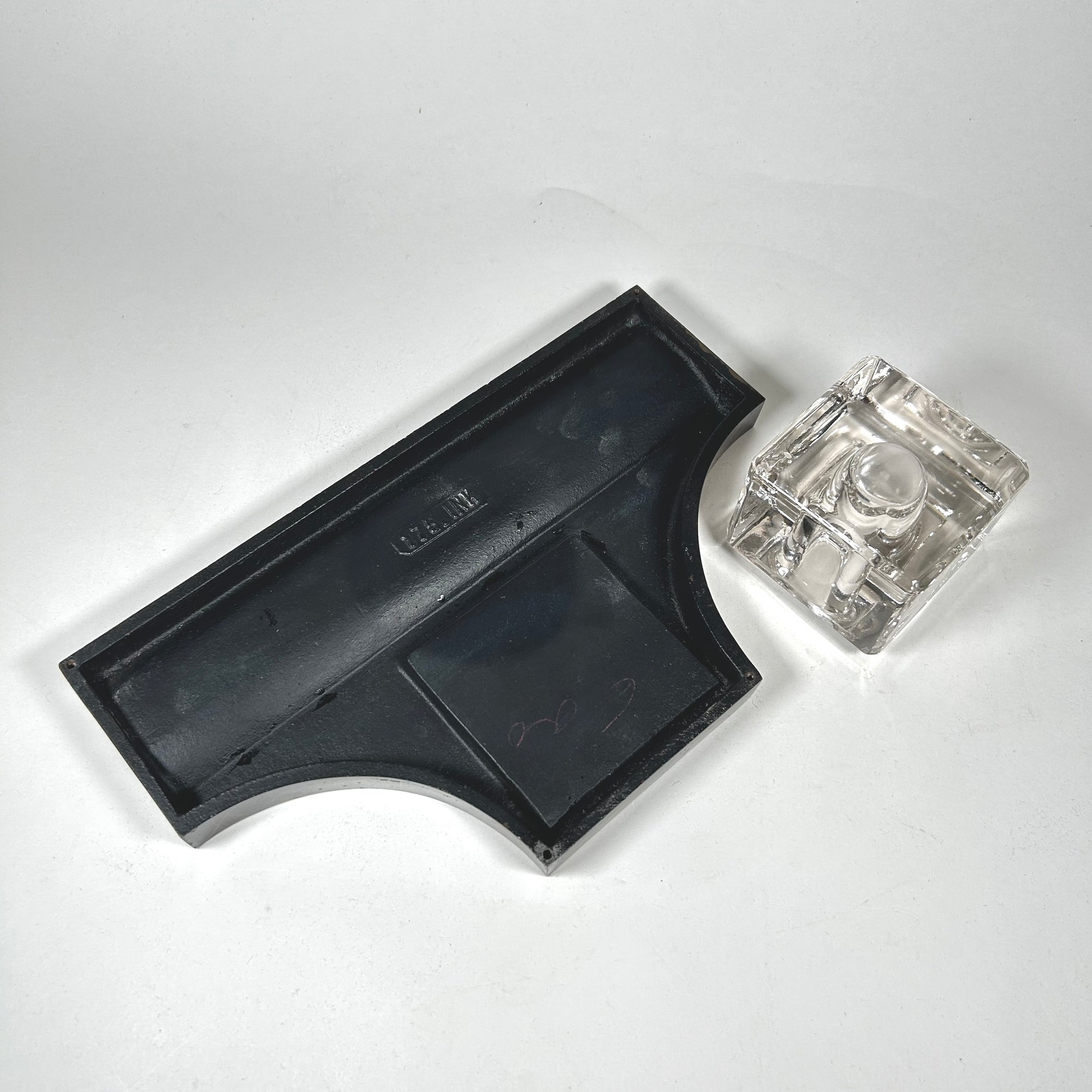 Vintage Large Inkwell with Pen Tray - Black and Gold Marbling