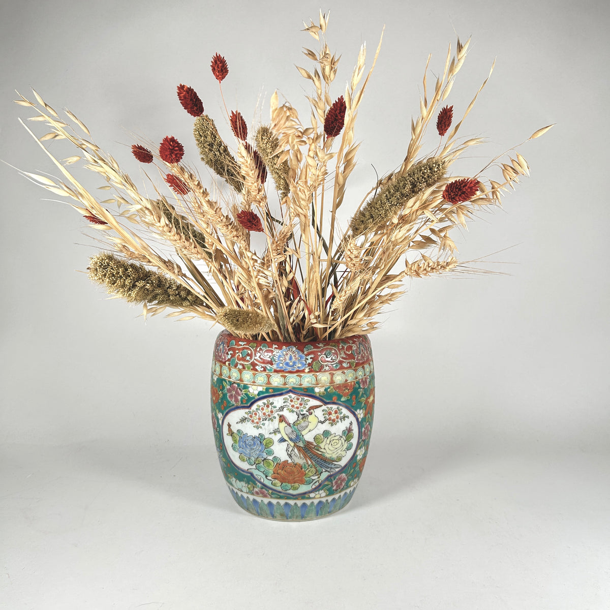 Vintage Japanese Enameled Plant Pot with Birds and Flowers