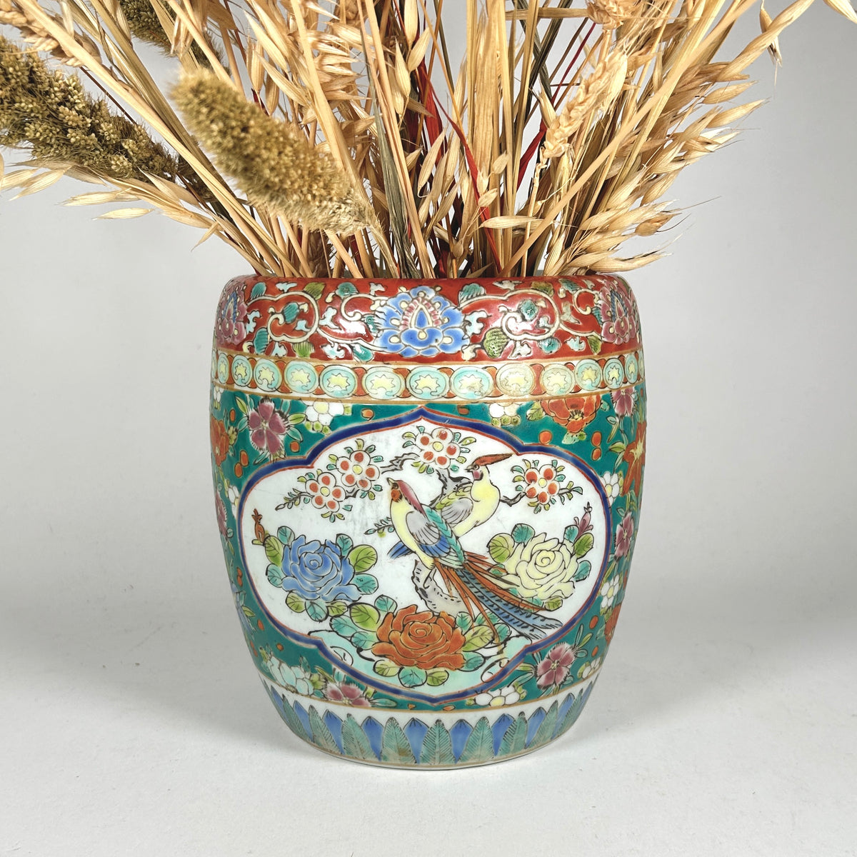 Vintage Japanese Enameled Plant Pot with Birds and Flowers