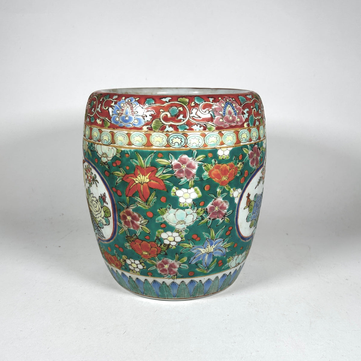 Vintage Japanese Enameled Plant Pot with Birds and Flowers
