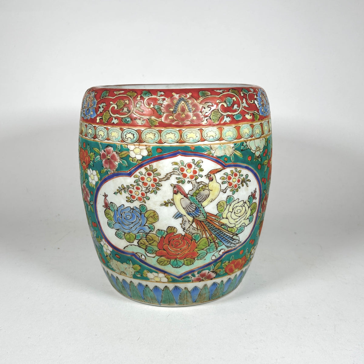 Vintage Japanese Enameled Plant Pot with Birds and Flowers