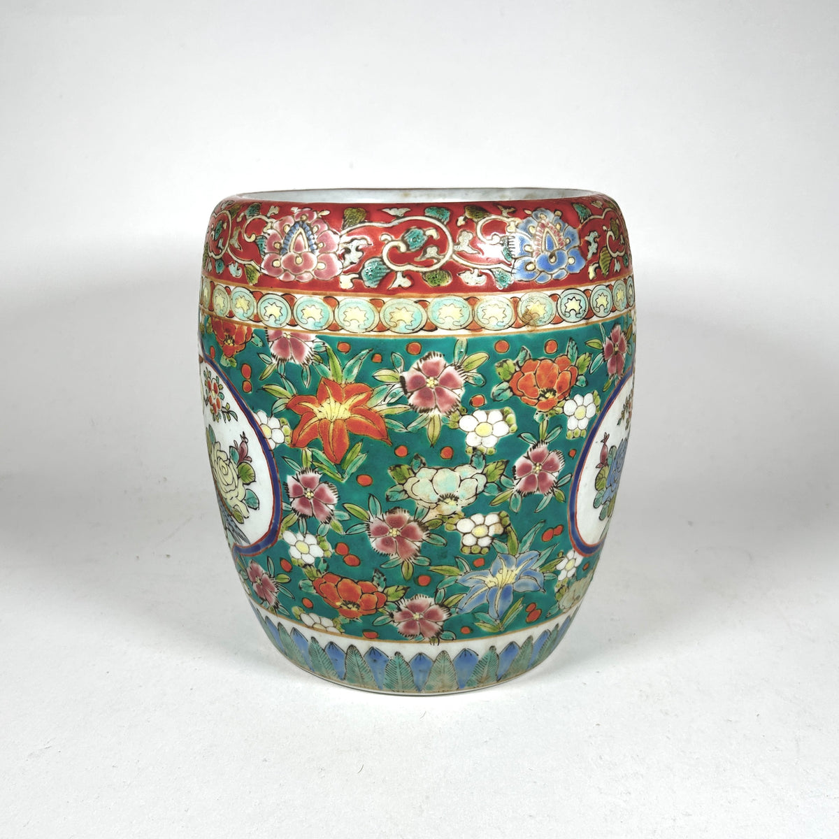 Vintage Japanese Enameled Plant Pot with Birds and Flowers