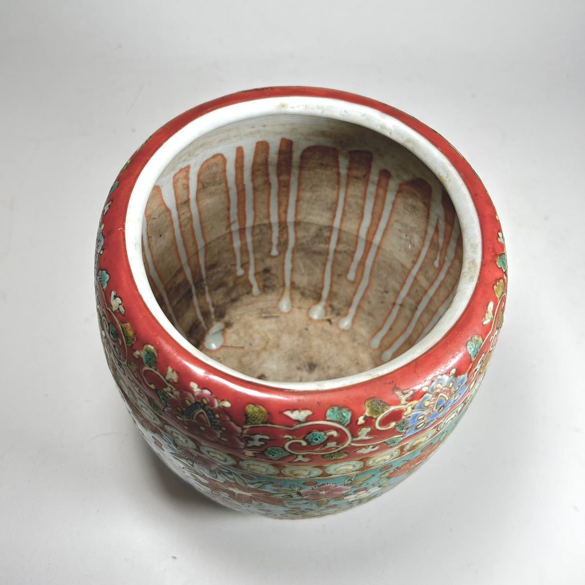 Vintage Japanese Enameled Plant Pot with Birds and Flowers