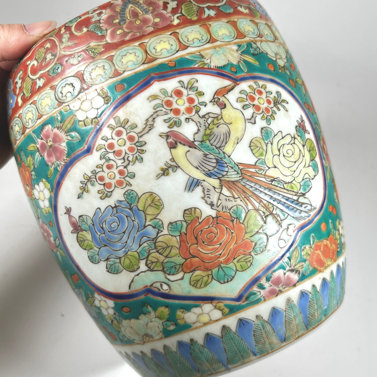 Vintage Japanese Enameled Plant Pot with Birds and Flowers
