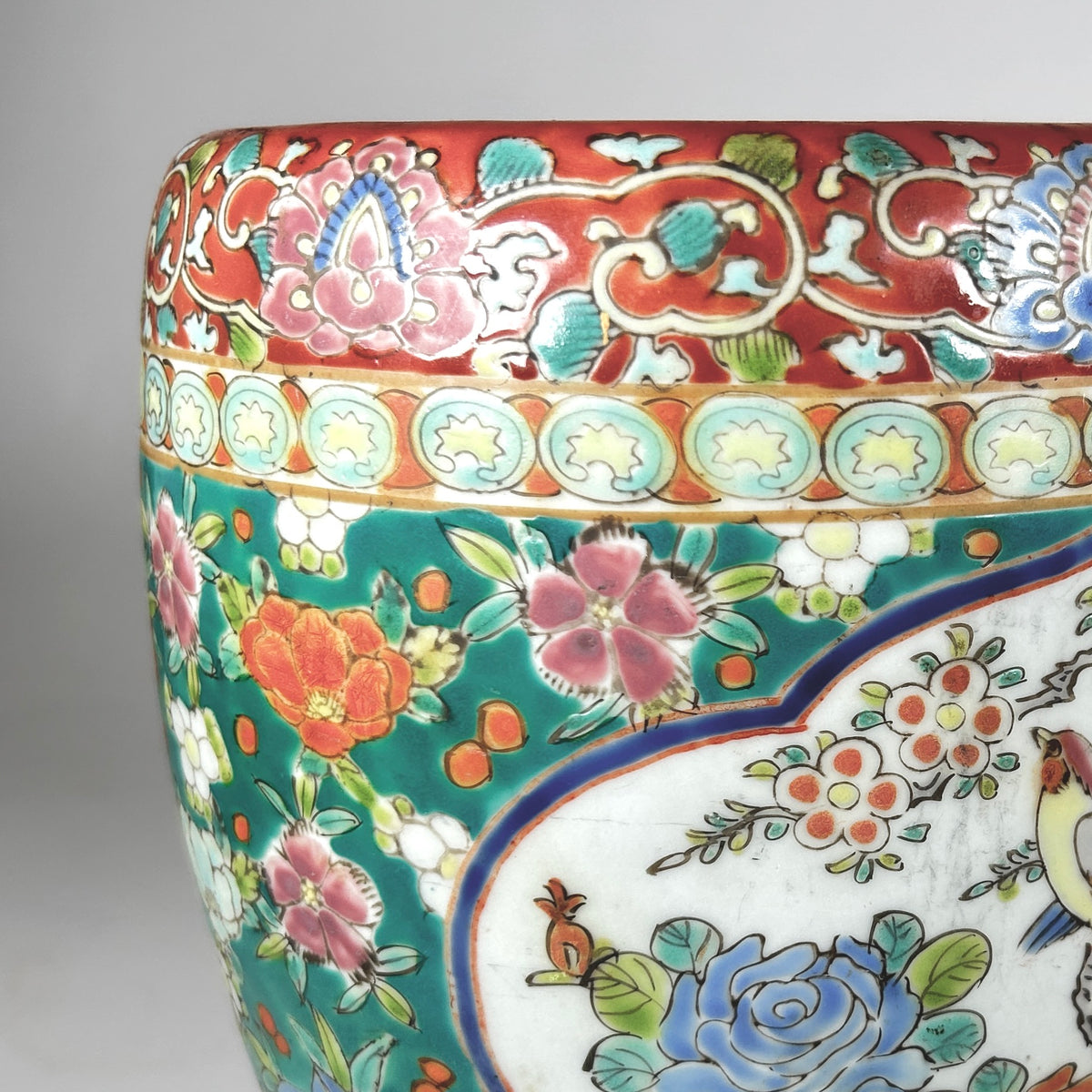 Vintage Japanese Enameled Plant Pot with Birds and Flowers