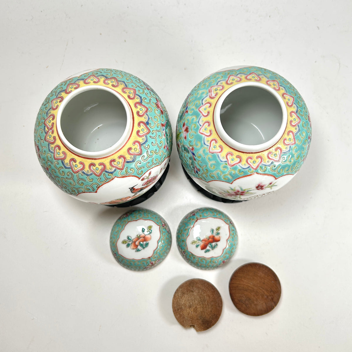 Vintage Pair of Turquoise Ground Famille Rose Ginger Jars