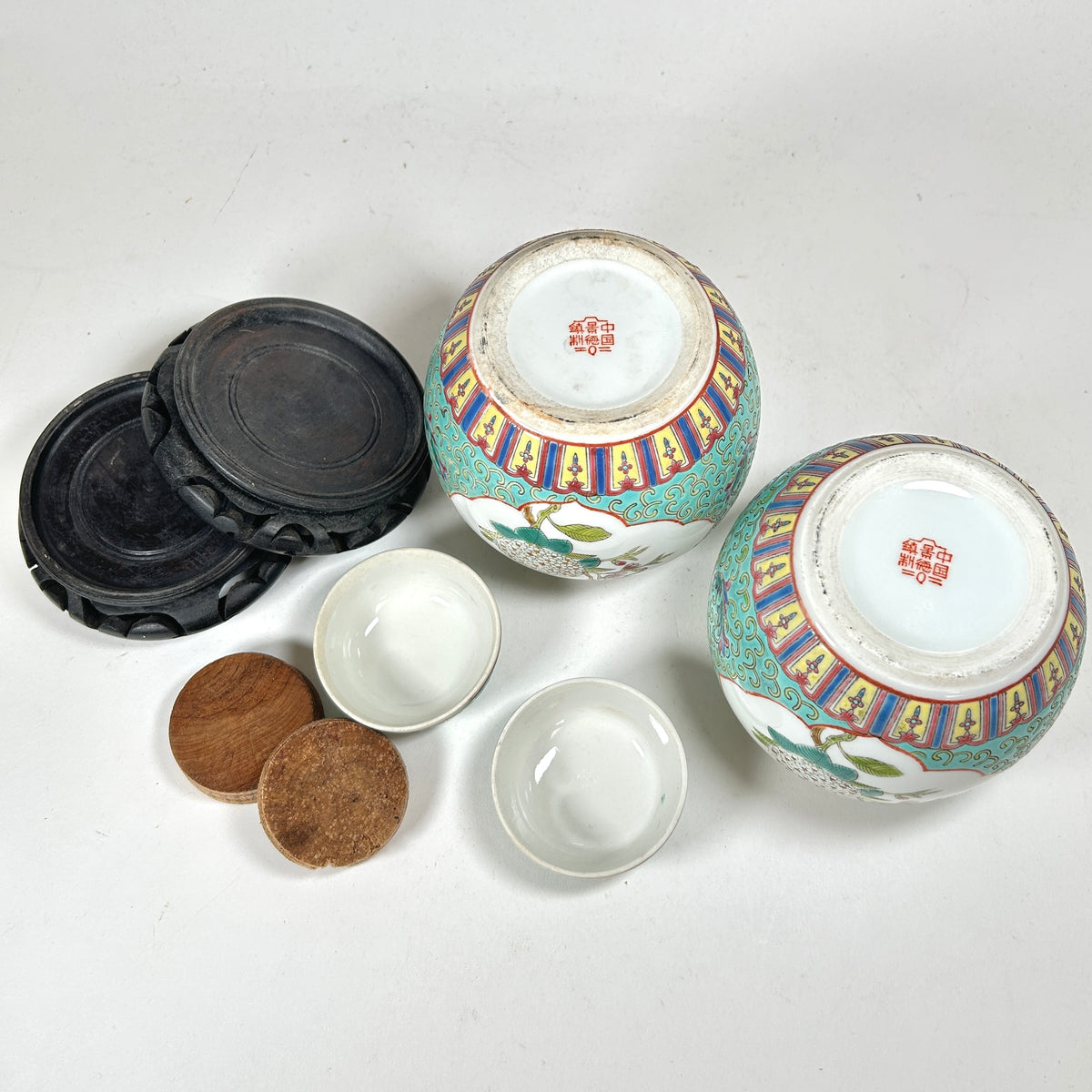 Vintage Pair of Turquoise Ground Famille Rose Ginger Jars