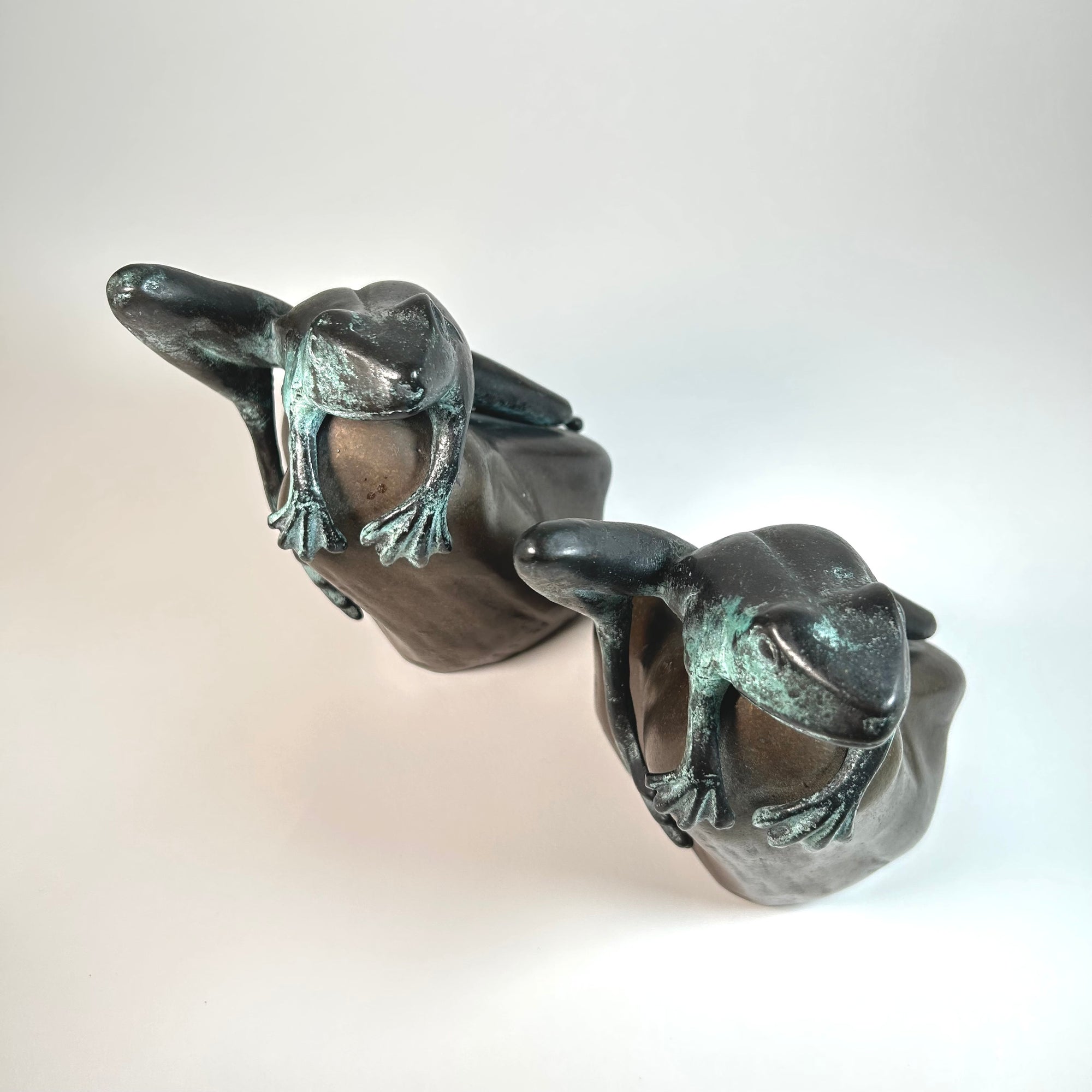 Vintage Frog on Rock Metal Bookends - Brass Bronze Patina