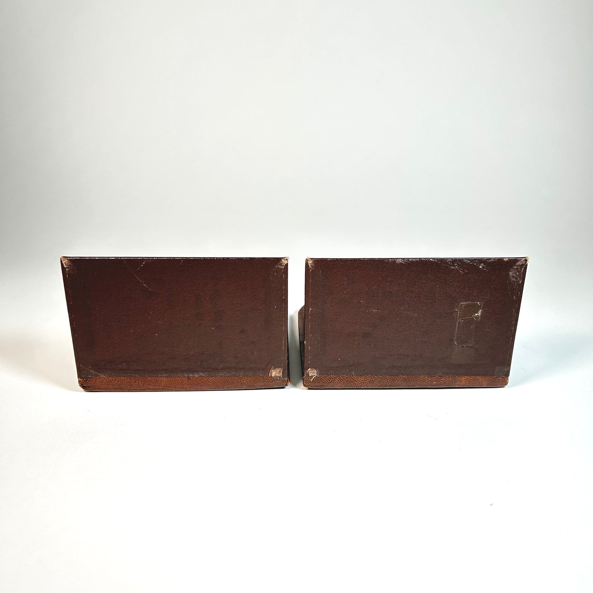 Vintage Brown Leather Bookends with  Gold Stamped Wreath and Ribbon
