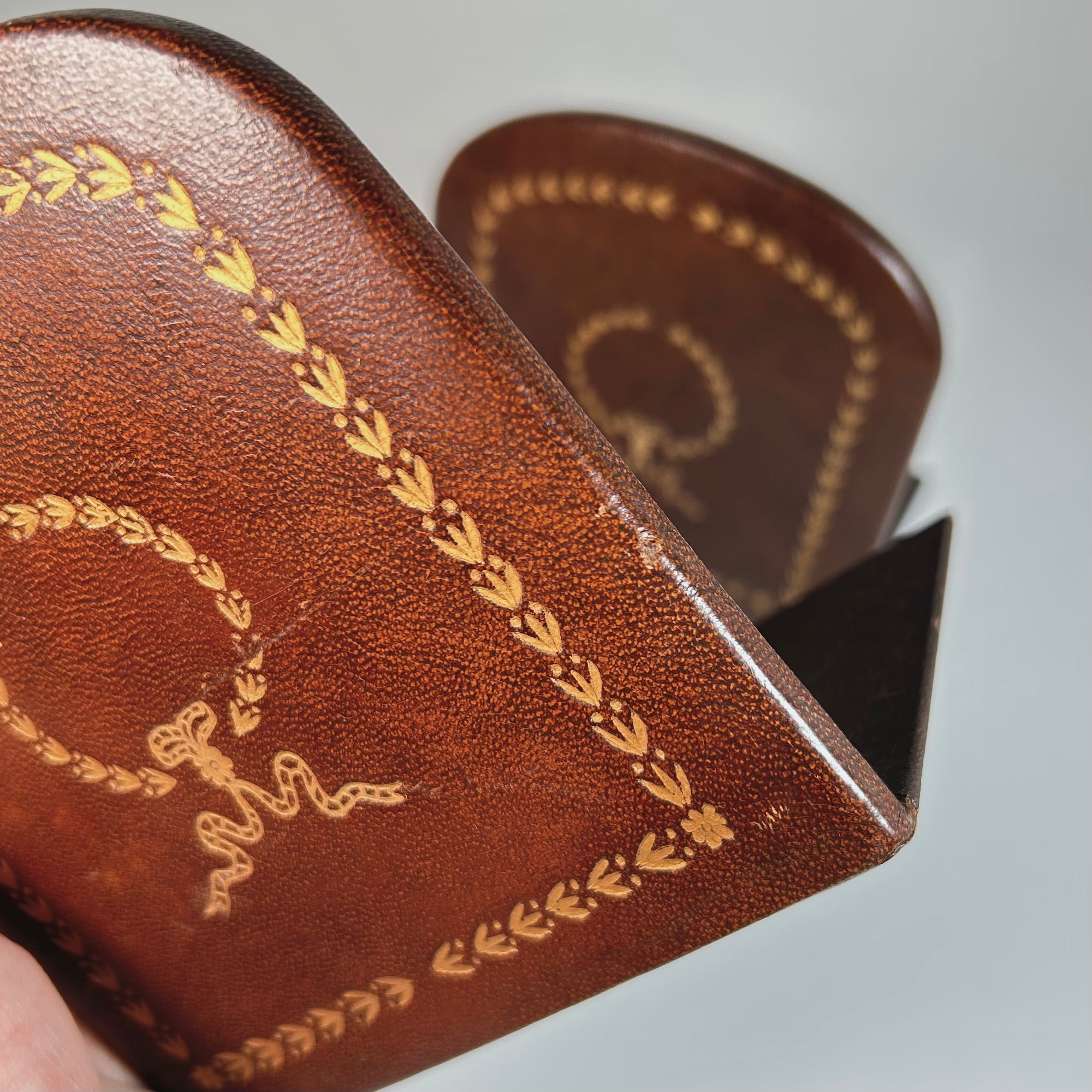Vintage Brown Leather Bookends with  Gold Stamped Wreath and Ribbon