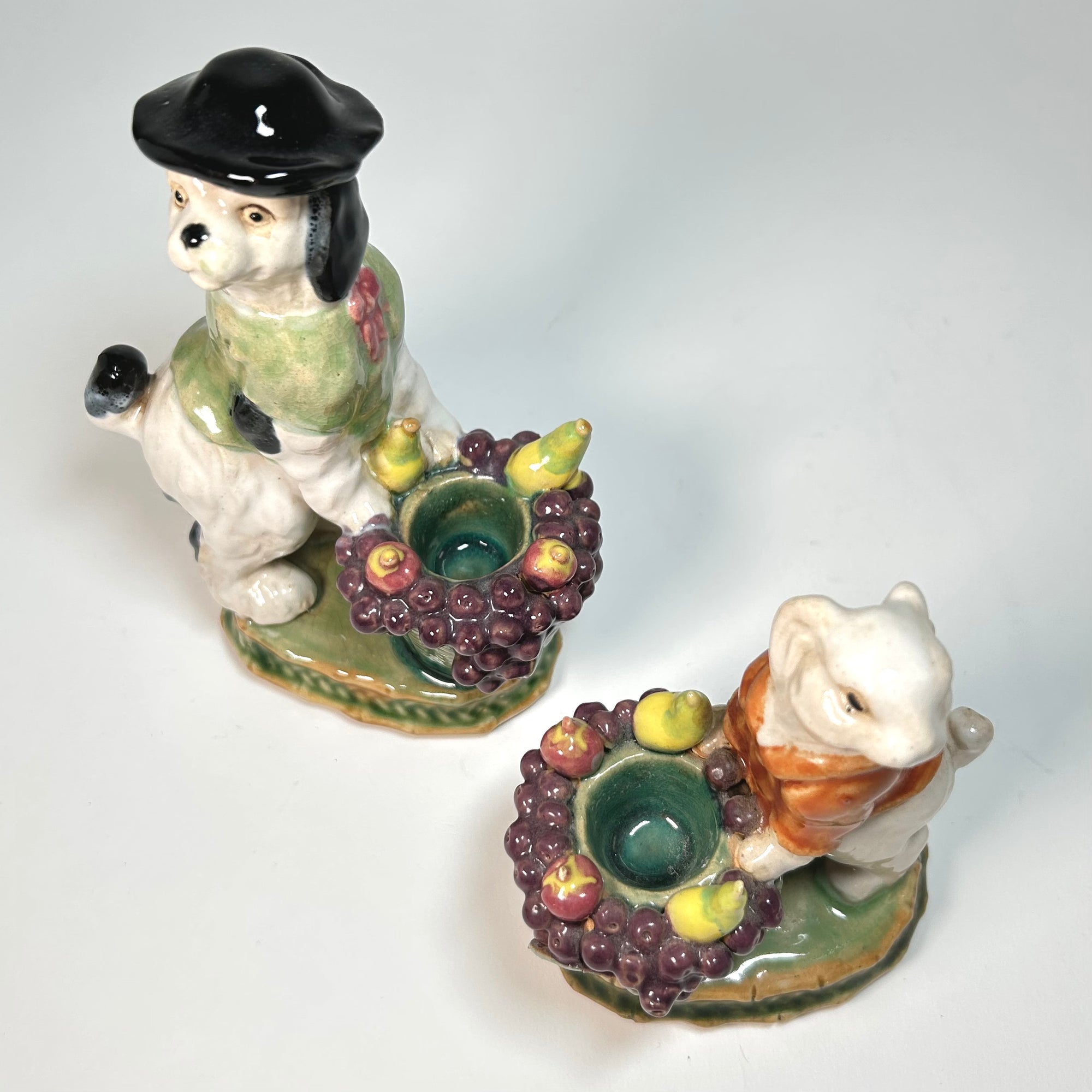 Majolica Dog and Rabbit Vegetable Seller Figurine Candle Holder Pair