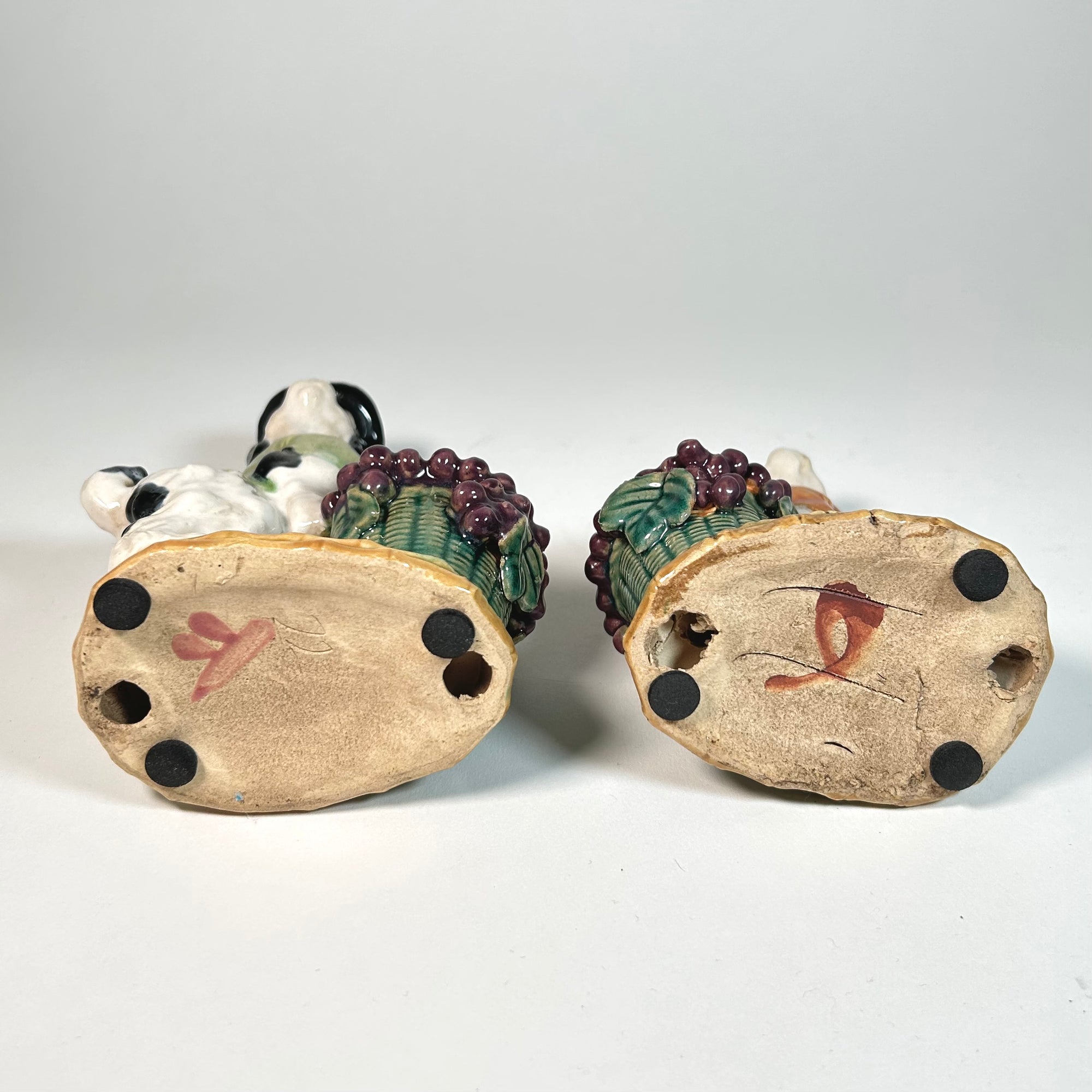 Majolica Dog and Rabbit Vegetable Seller Figurine Candle Holder Pair
