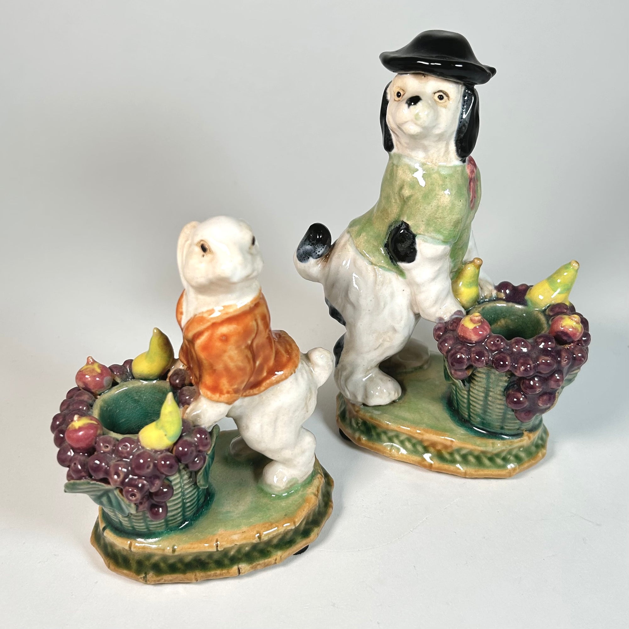 Majolica Dog and Rabbit Vegetable Seller Figurine Candle Holder Pair