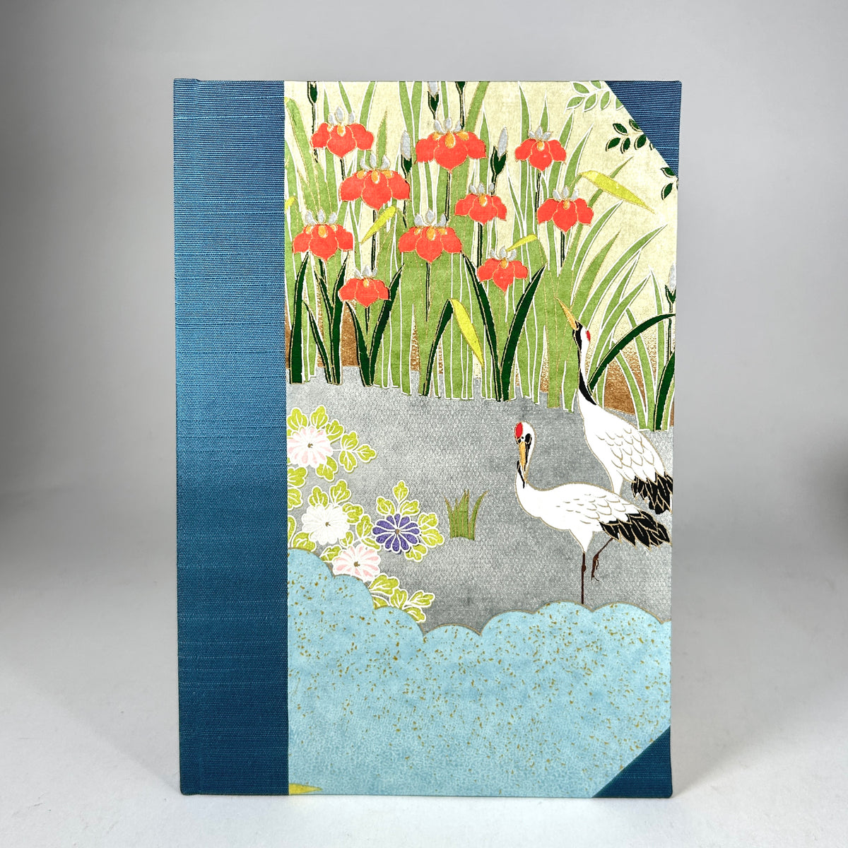 Address Book with Silk-Screened Crane Paper and Blue Silk Binding
