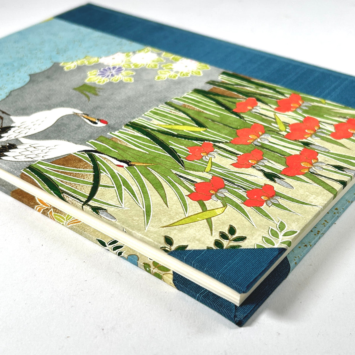 Address Book with Silk-Screened Crane Paper and Blue Silk Binding