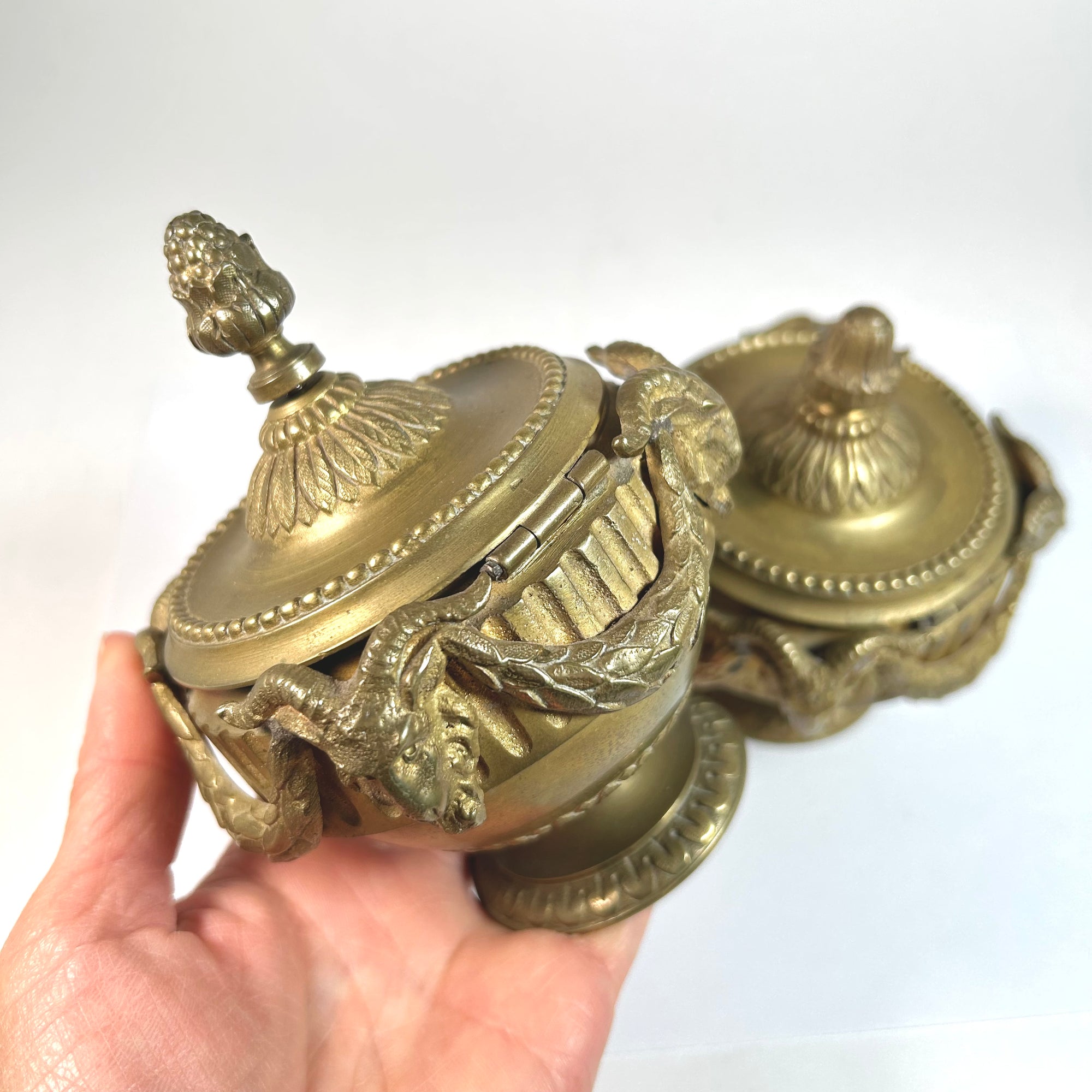 Vintage Goat Head Decorated Brass Inkwell Pair