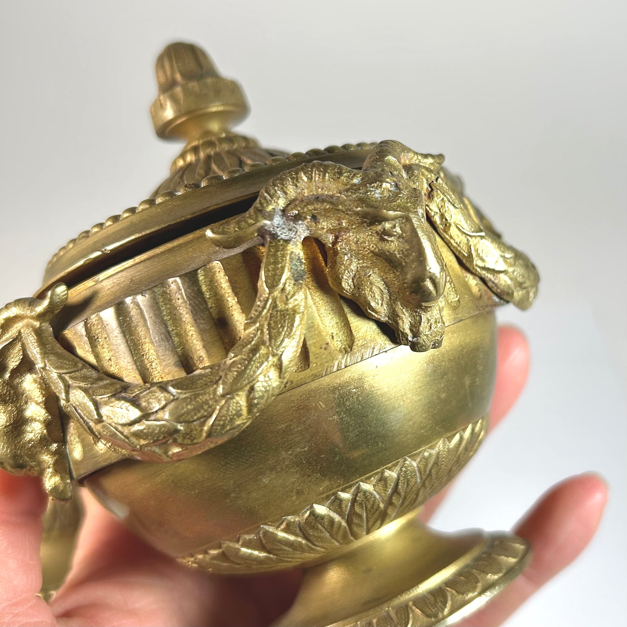 Vintage Goat Head Decorated Brass Inkwell Pair