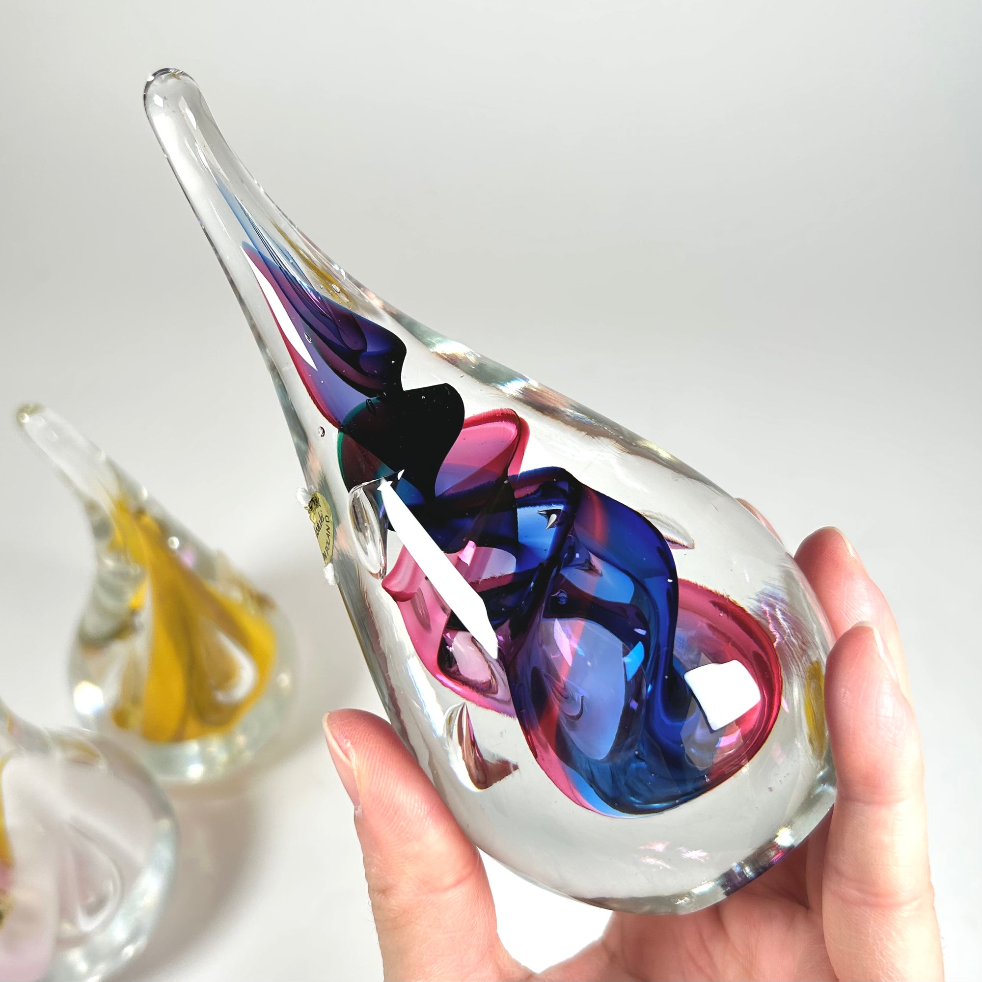 Adam Jablonski Rain Drop Crystal Glass Paperweight Set of Three - Pink, Yellow, and Blue