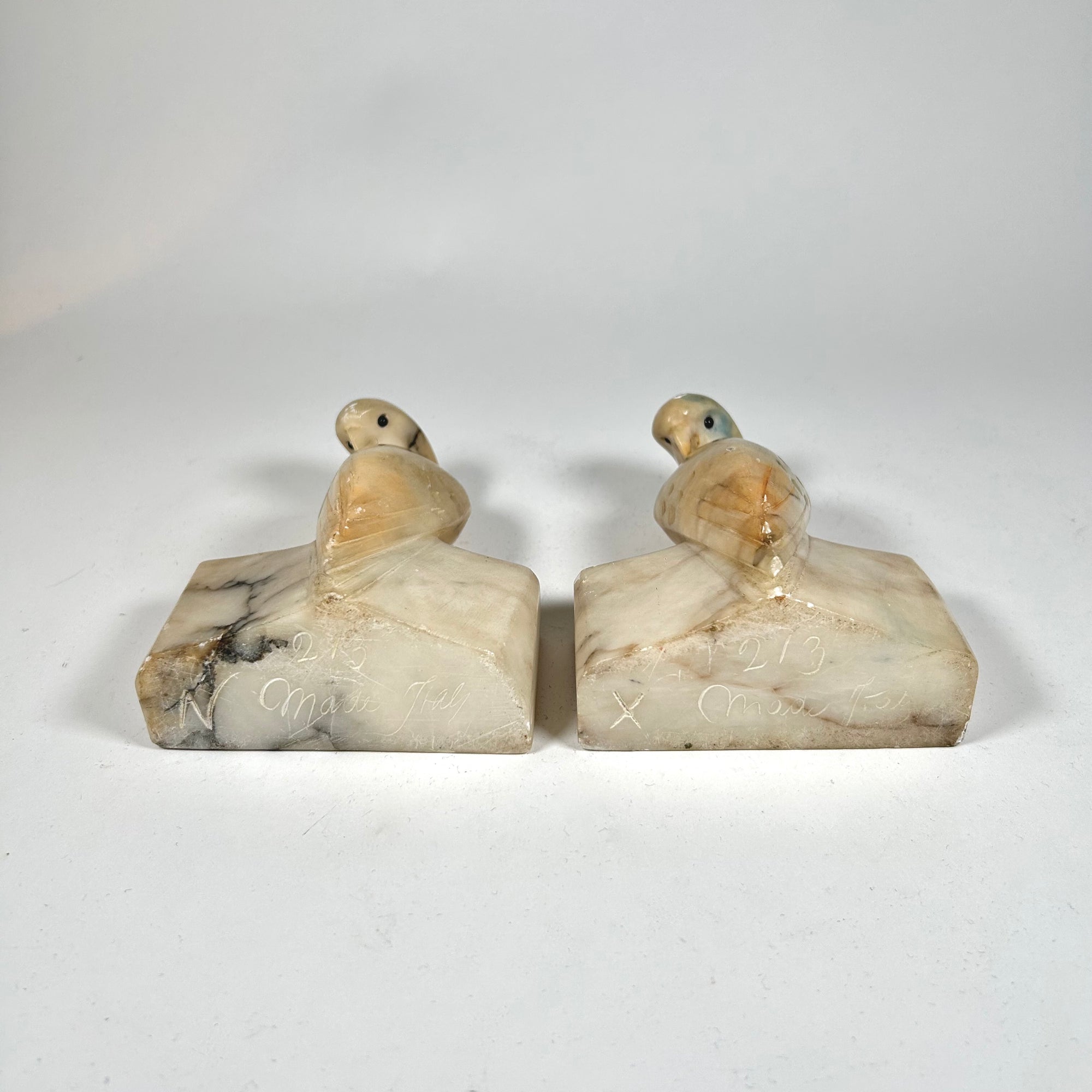 Italian Carved Alabaster Parakeet Bird Small Bookends