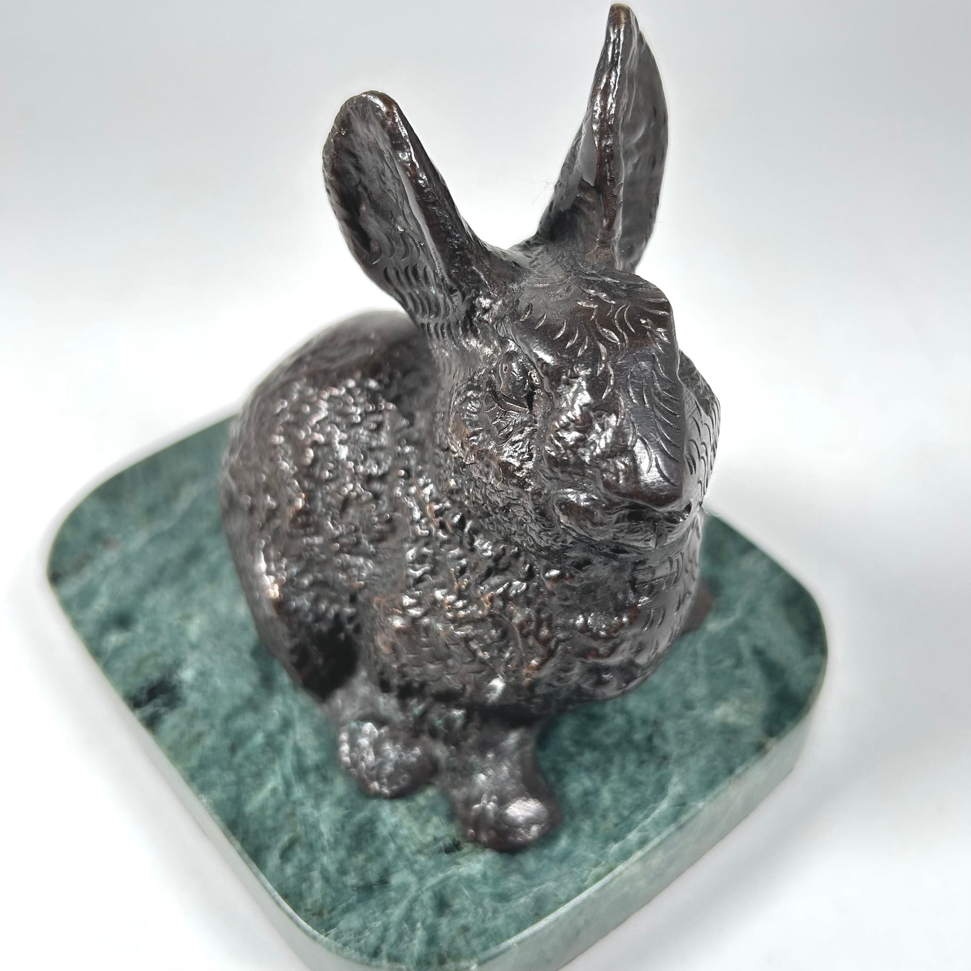Rabbit Decor Figurine Paperweight - Dark Brown Metal on Green Marble