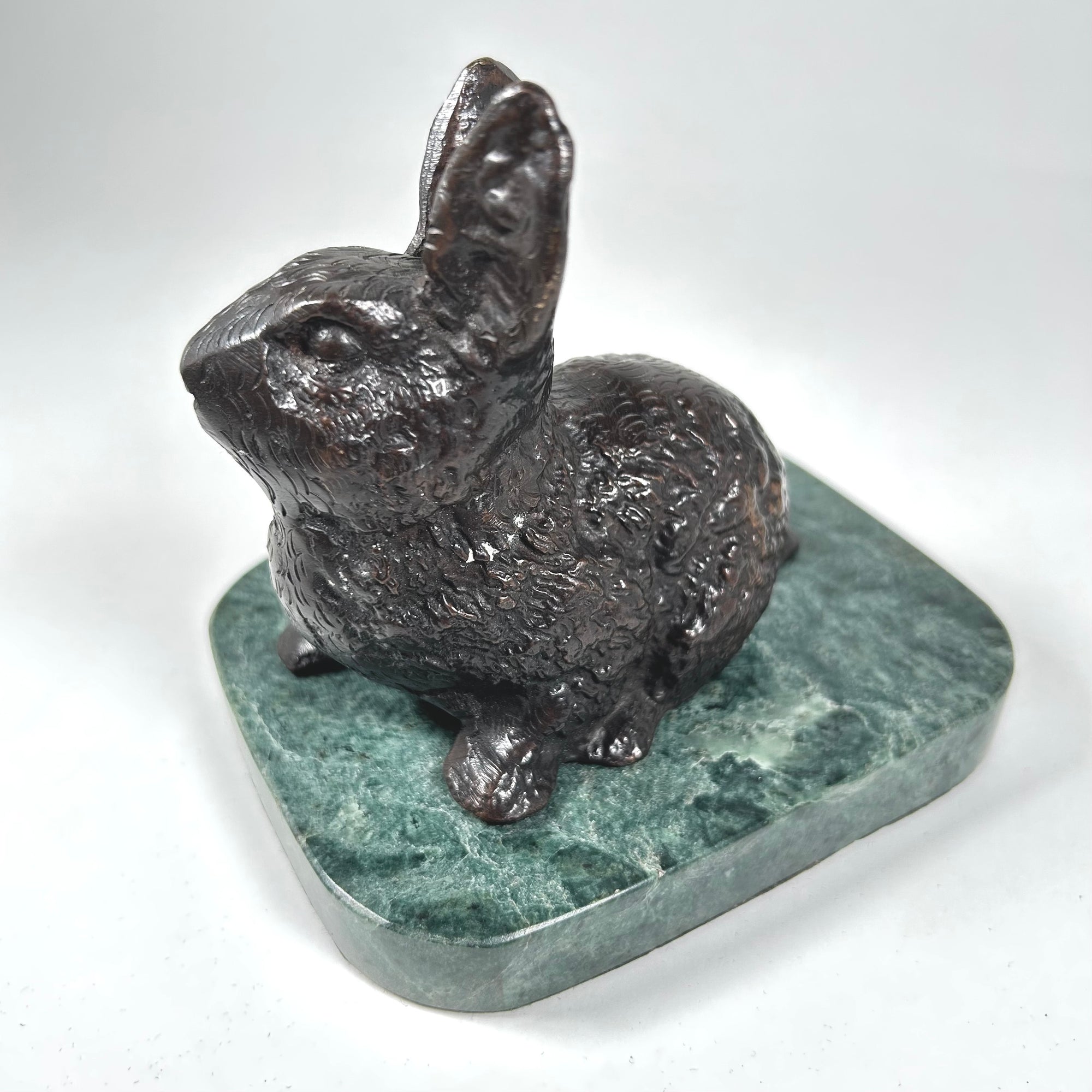 Rabbit Decor Figurine Paperweight - Dark Brown Metal on Green Marble