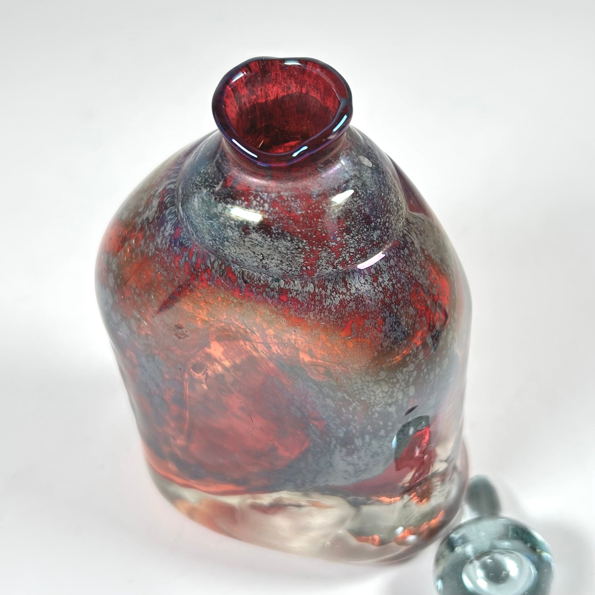 Unique Red Art Glass Bottle with Stopper by J. Baldwin 1970s - Free Shipping