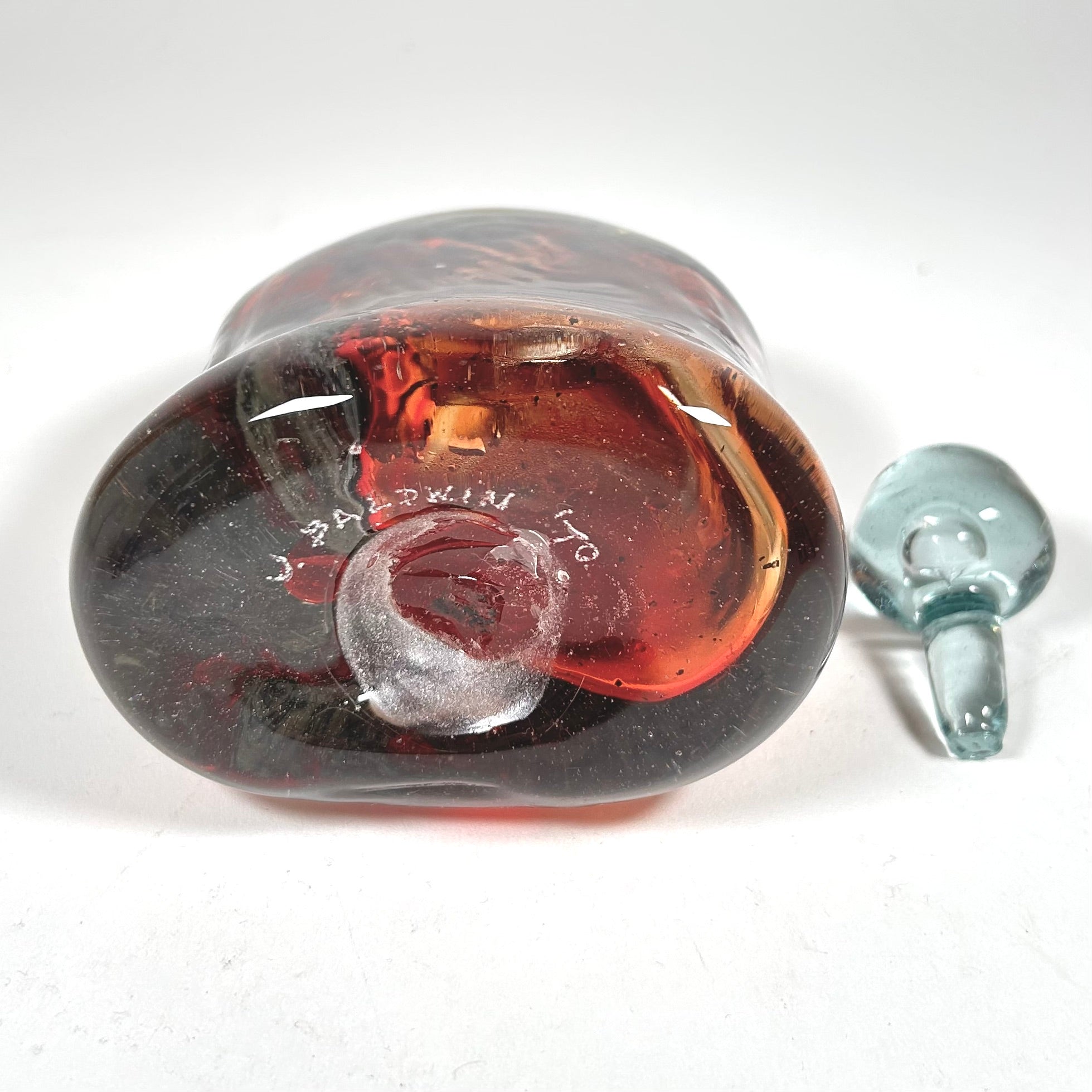 Unique Red Art Glass Bottle with Stopper by J. Baldwin 1970s - Free Shipping