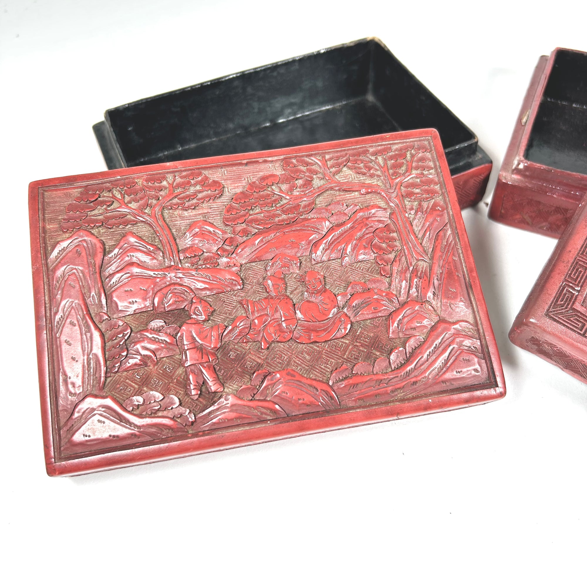 Vintage Chinese Red Lacquer Box Set with Figures in Nature